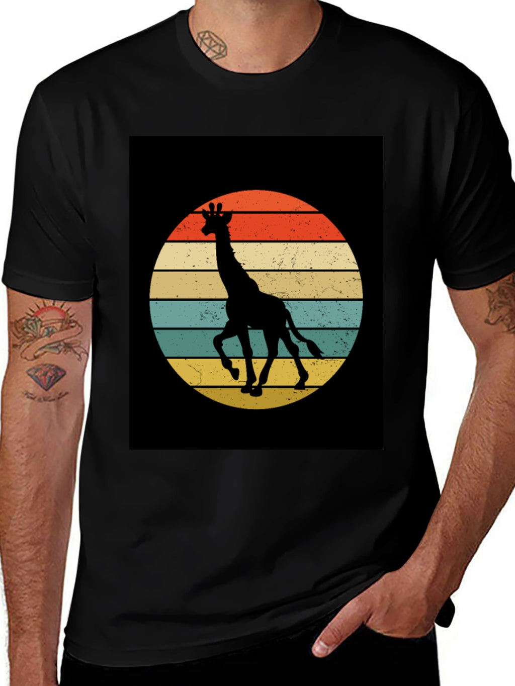 Retro Giraffe Sunset Graphic Tee - Black