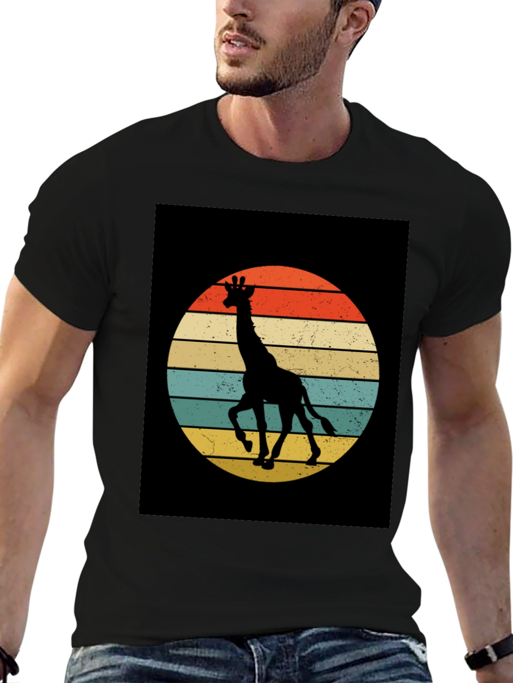 Retro Giraffe Sunset Graphic Tee - Black