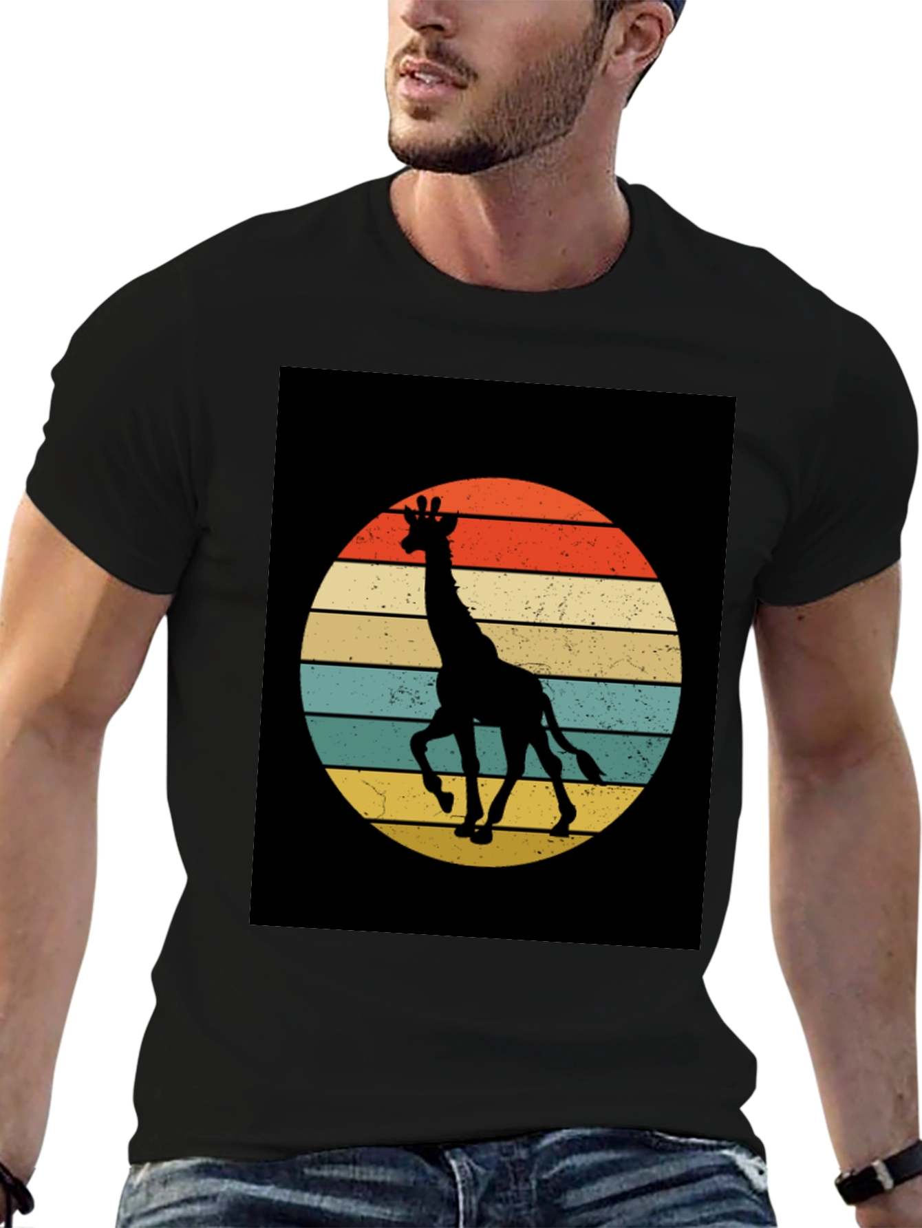 Retro Giraffe Sunset Graphic Tee - Black