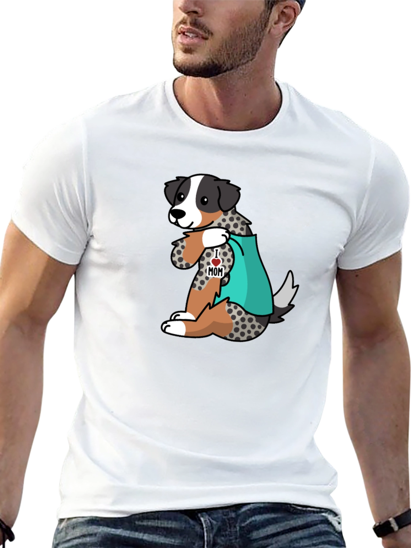 Mens Black T-Shirt with Dog I Love Mom Design