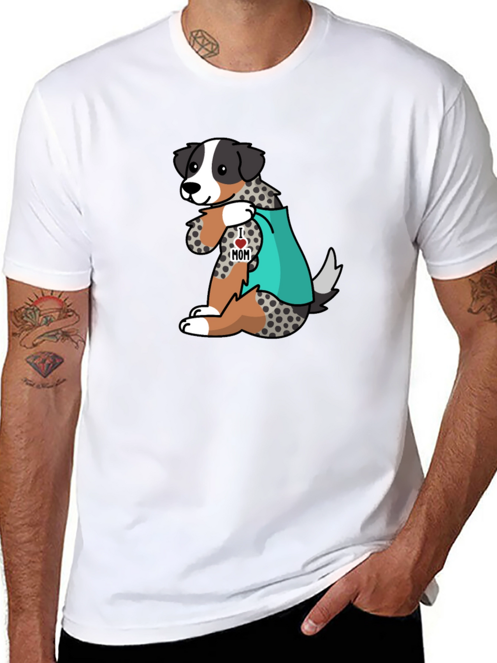 Mens Black T-Shirt with Dog I Love Mom Design