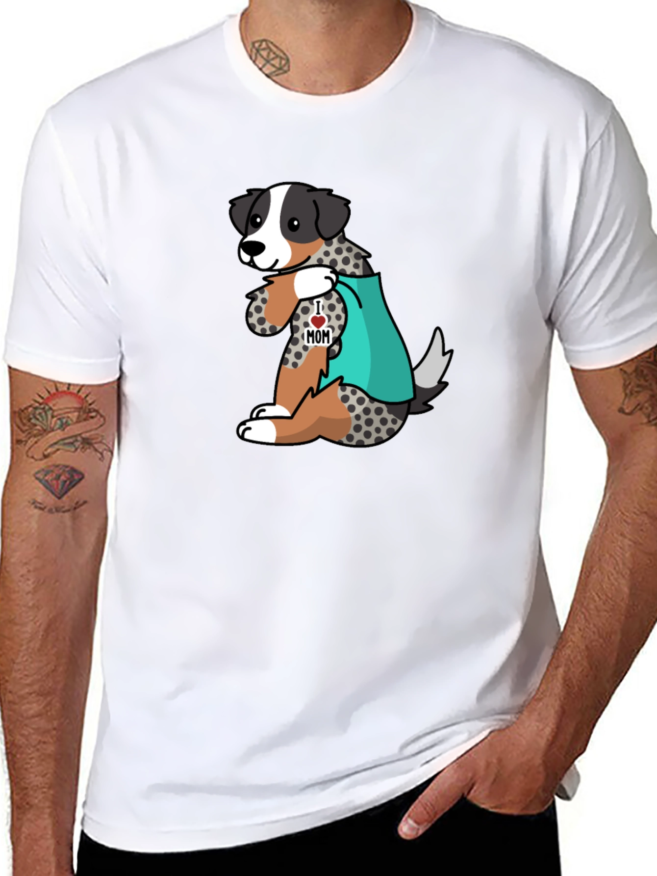 Mens Black T-Shirt with Dog I Love Mom Design