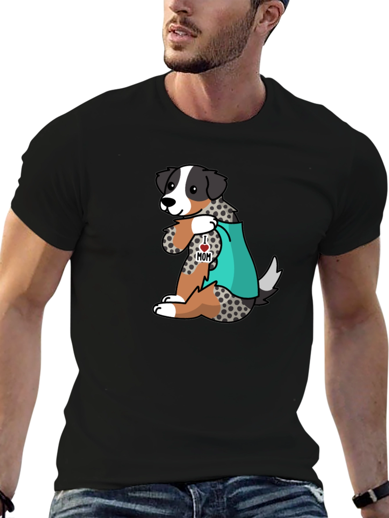 Mens Black T-Shirt with Dog I Love Mom Design