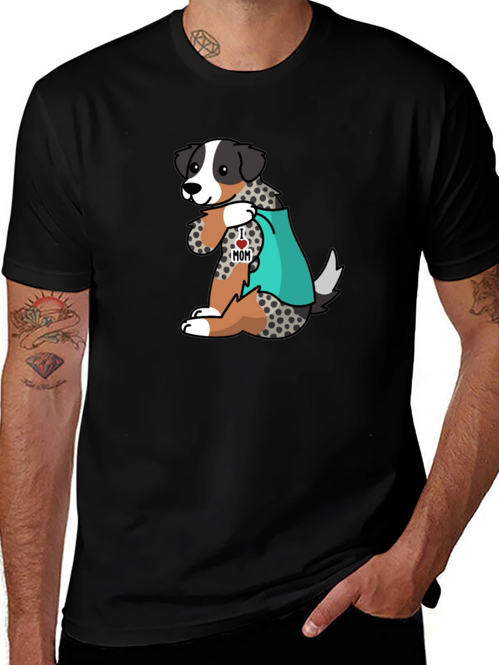 Mens Black T-Shirt with Dog I Love Mom Design