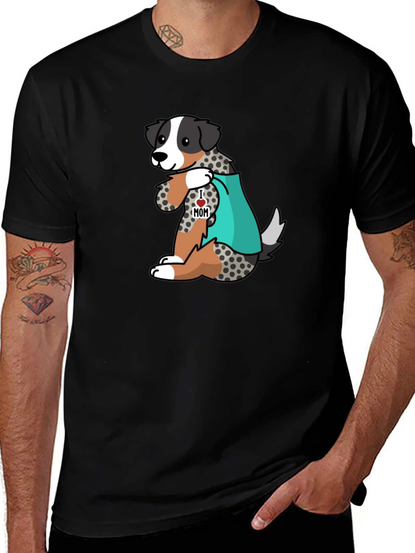 Mens Black T-Shirt with Dog I Love Mom Design