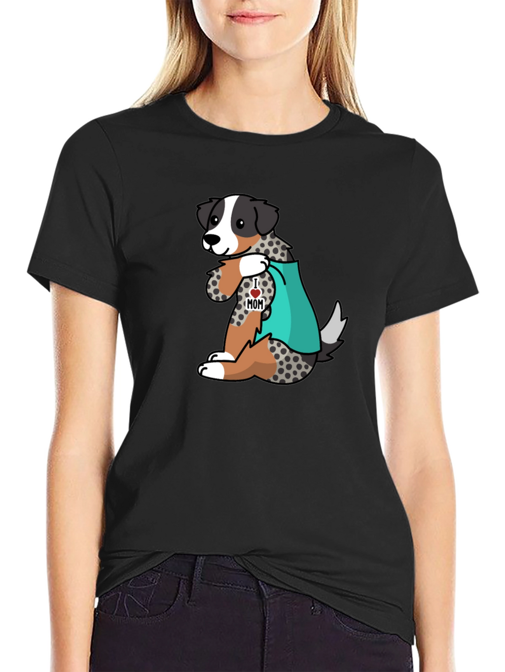 Mens Black T-Shirt with Dog I Love Mom Design
