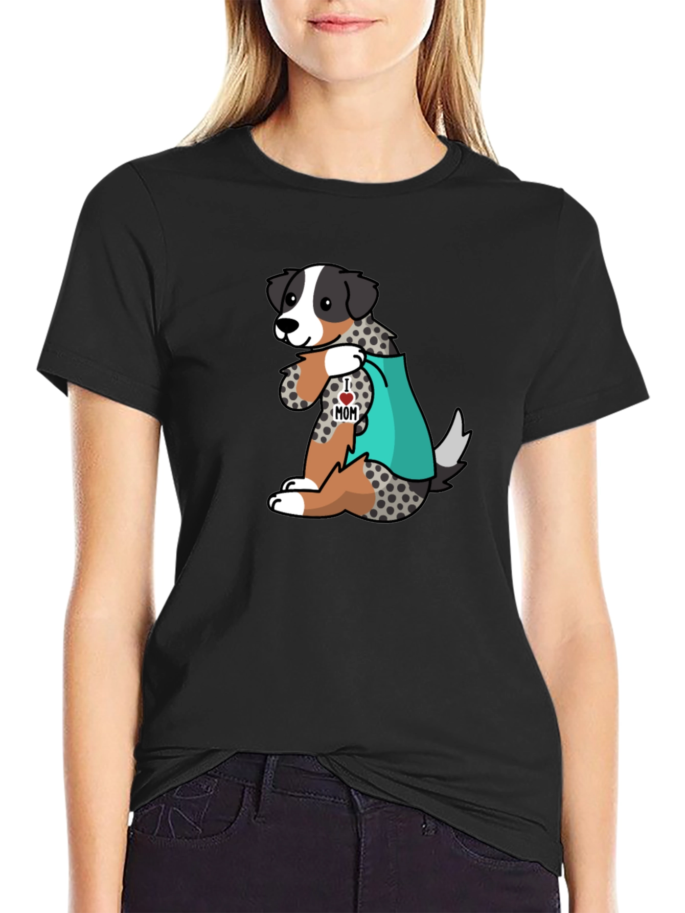 Mens Black T-Shirt with Dog I Love Mom Design