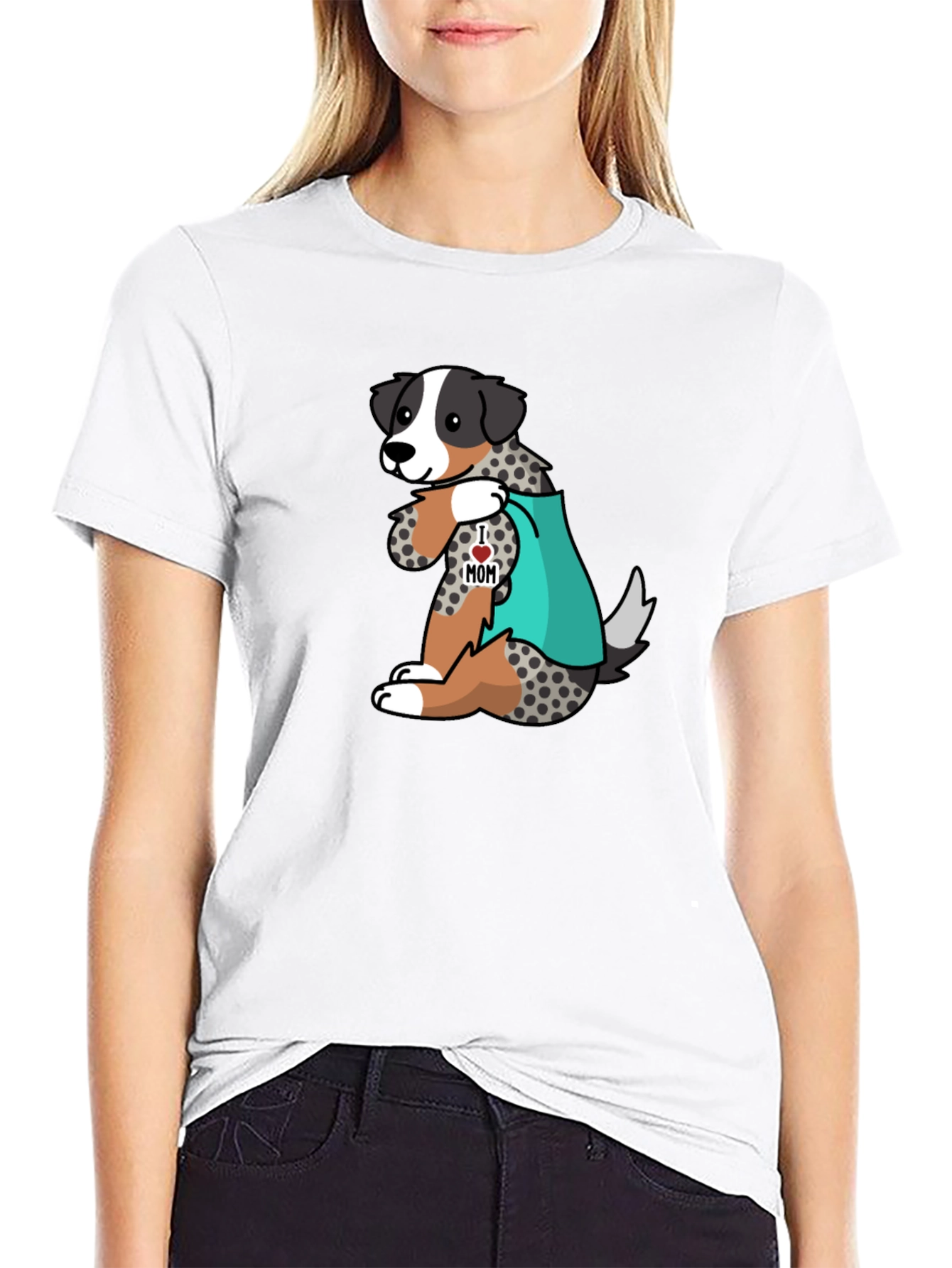 Mens Black T-Shirt with Dog I Love Mom Design