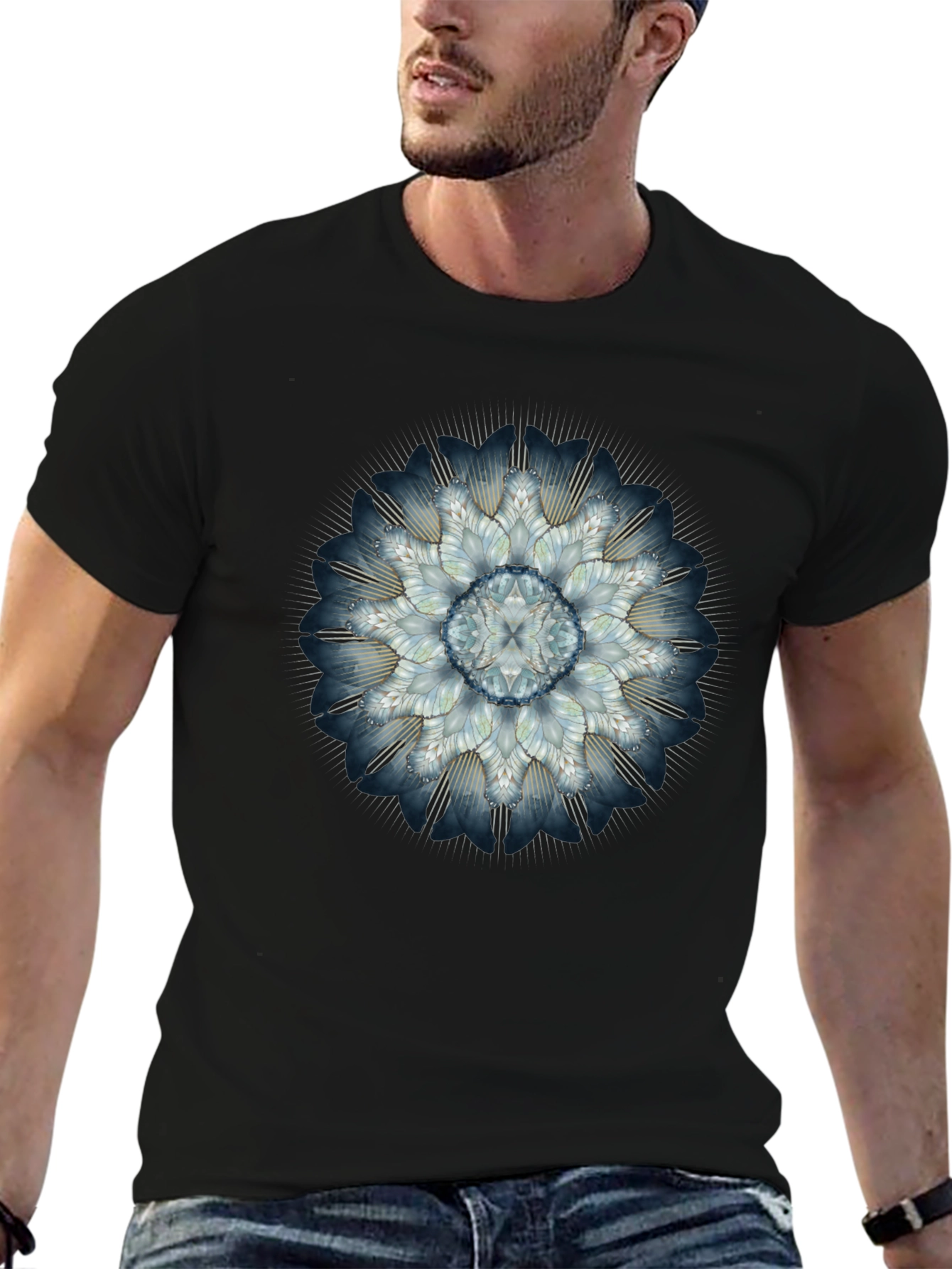 Abstract Floral Mandala Mens Black T-Shirt
