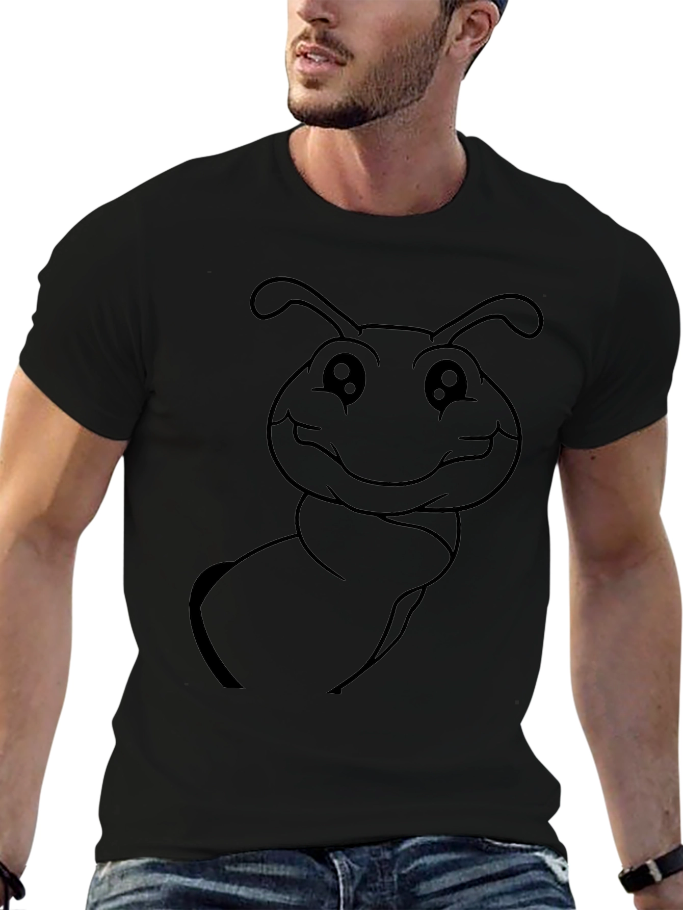 Cute Cartoon Ant Graphic Tee - Black Cotton Blend