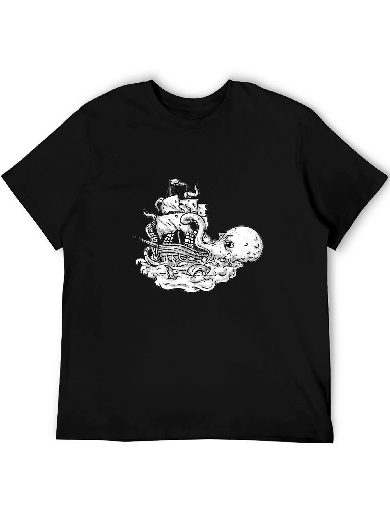 Octopus Pirate Ship Graphic Tee - Black Cotton