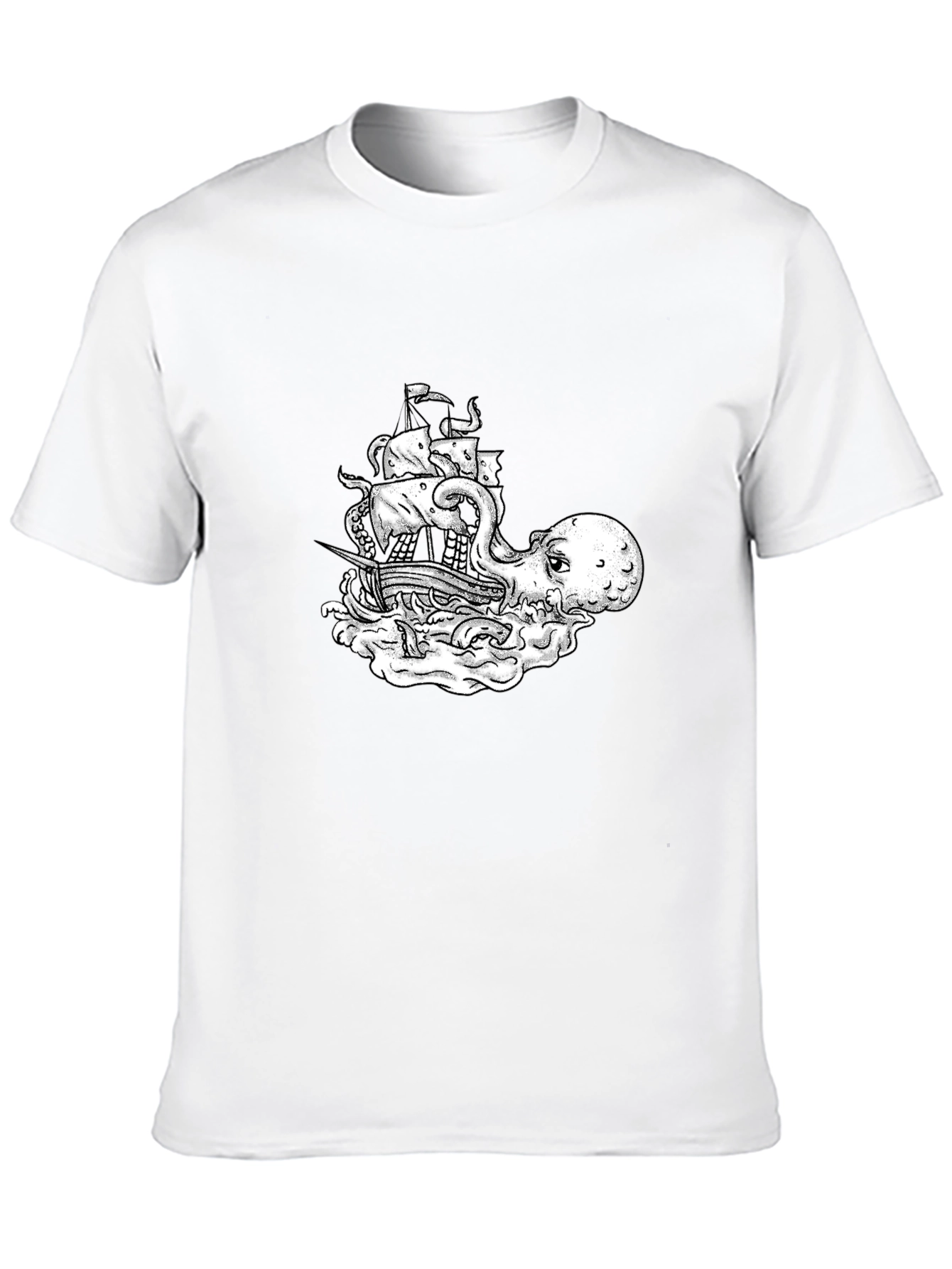 Octopus Pirate Ship Graphic Tee - Black Cotton