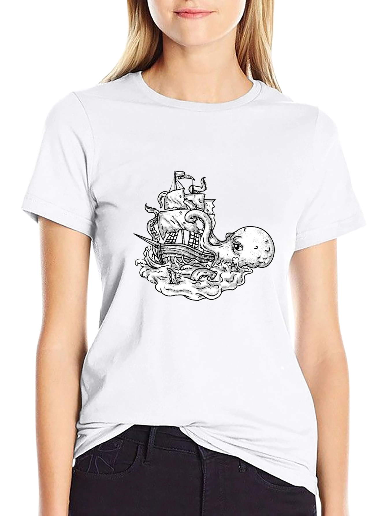 Octopus Pirate Ship Graphic Tee - Black Cotton