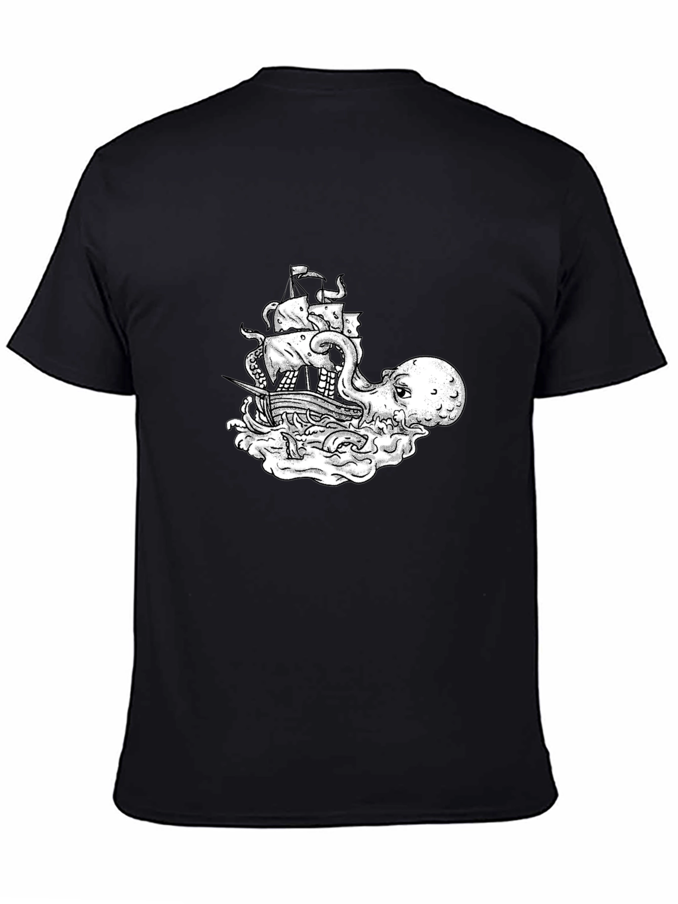 Octopus Pirate Ship Graphic Tee - Black Cotton