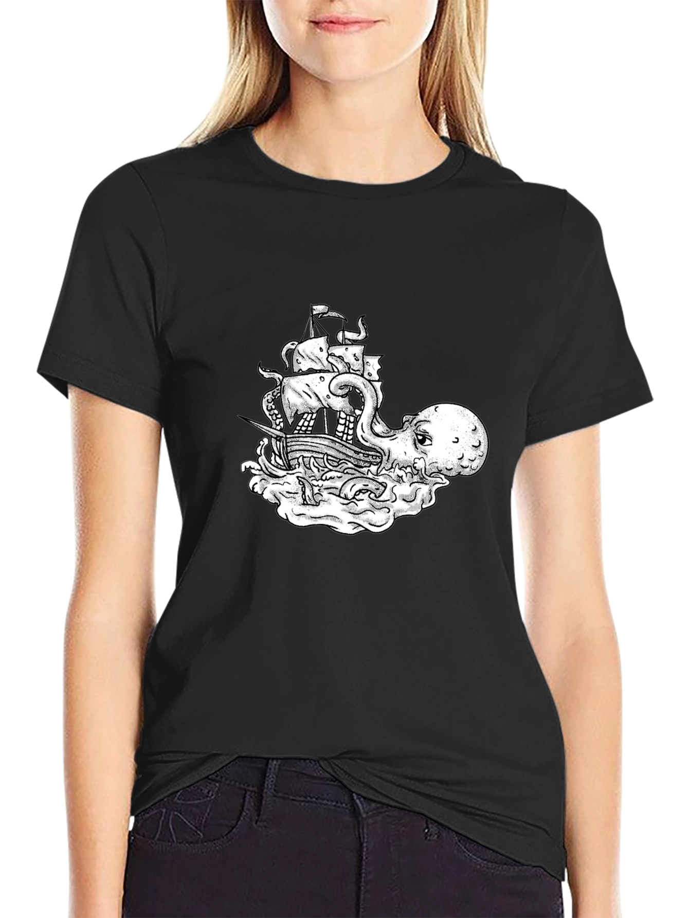Octopus Pirate Ship Graphic Tee - Black Cotton