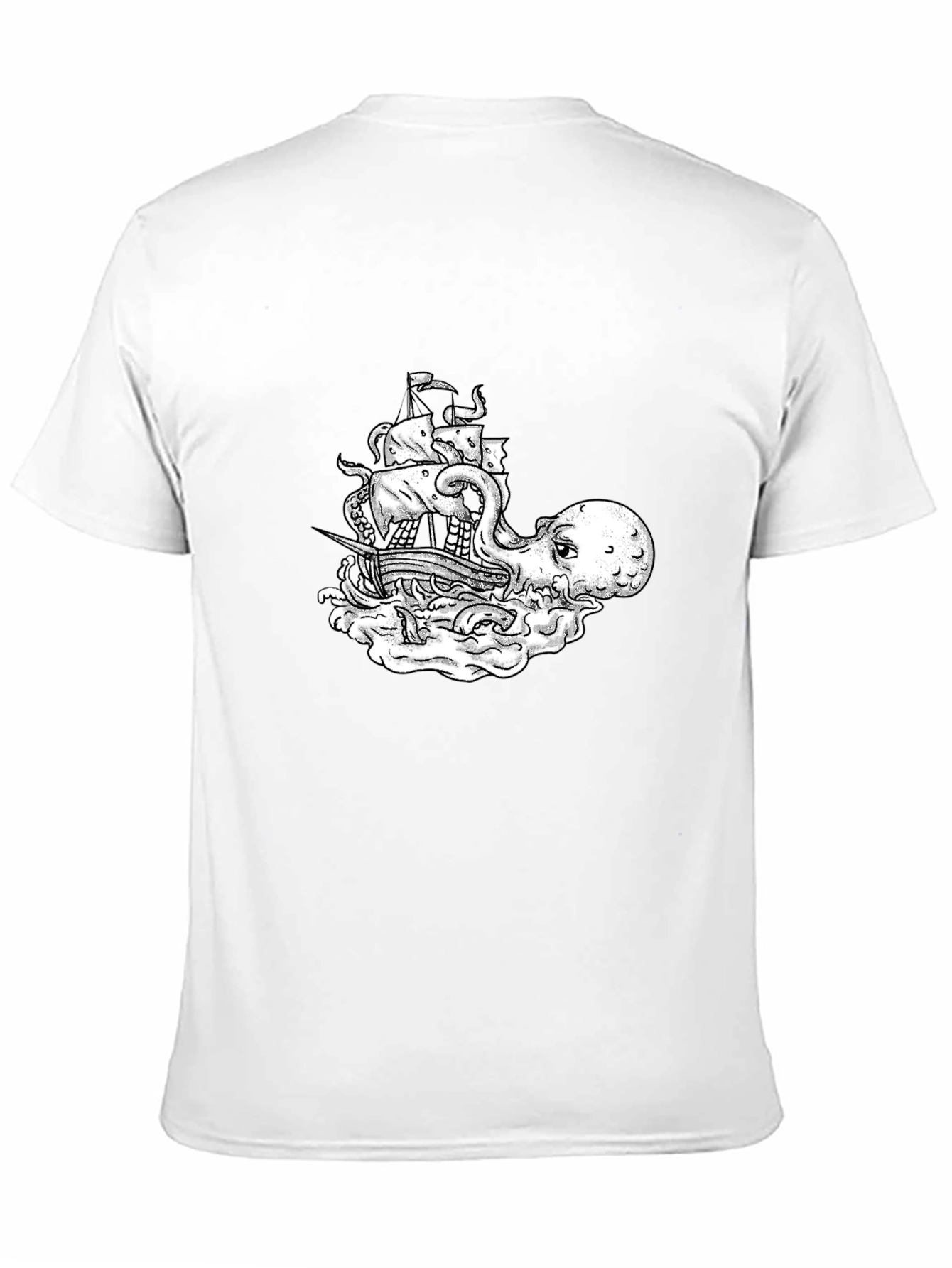Octopus Pirate Ship Graphic Tee - Black Cotton