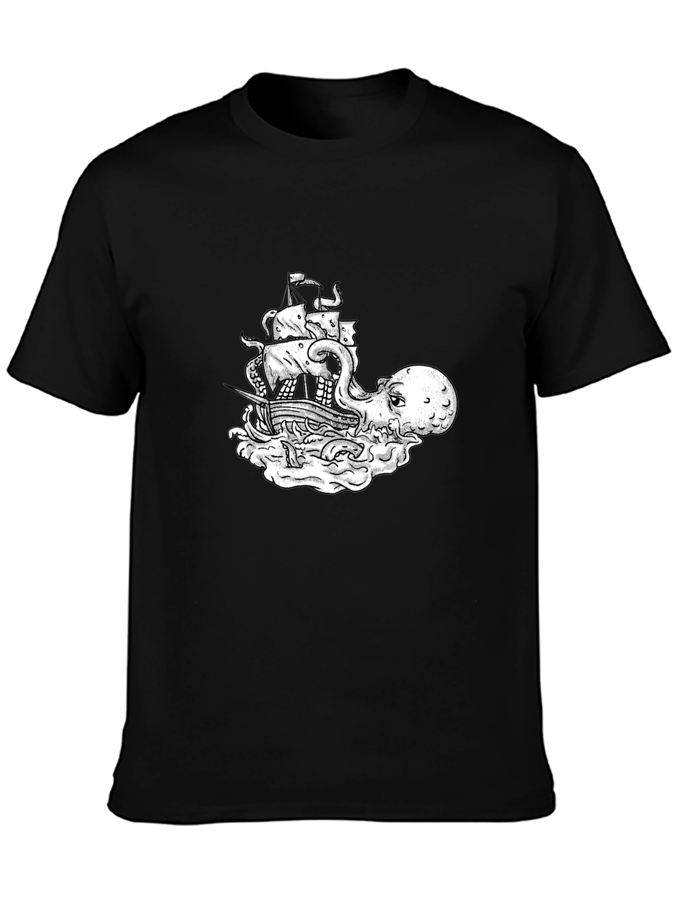 Octopus Pirate Ship Graphic Tee - Black Cotton