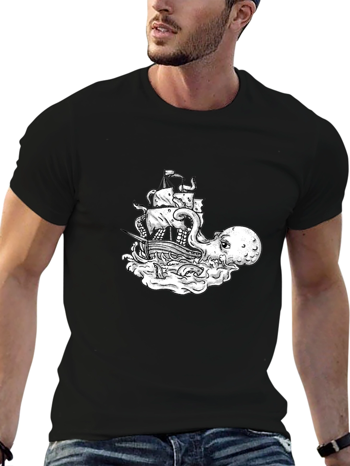 Octopus Pirate Ship Graphic Tee - Black Cotton