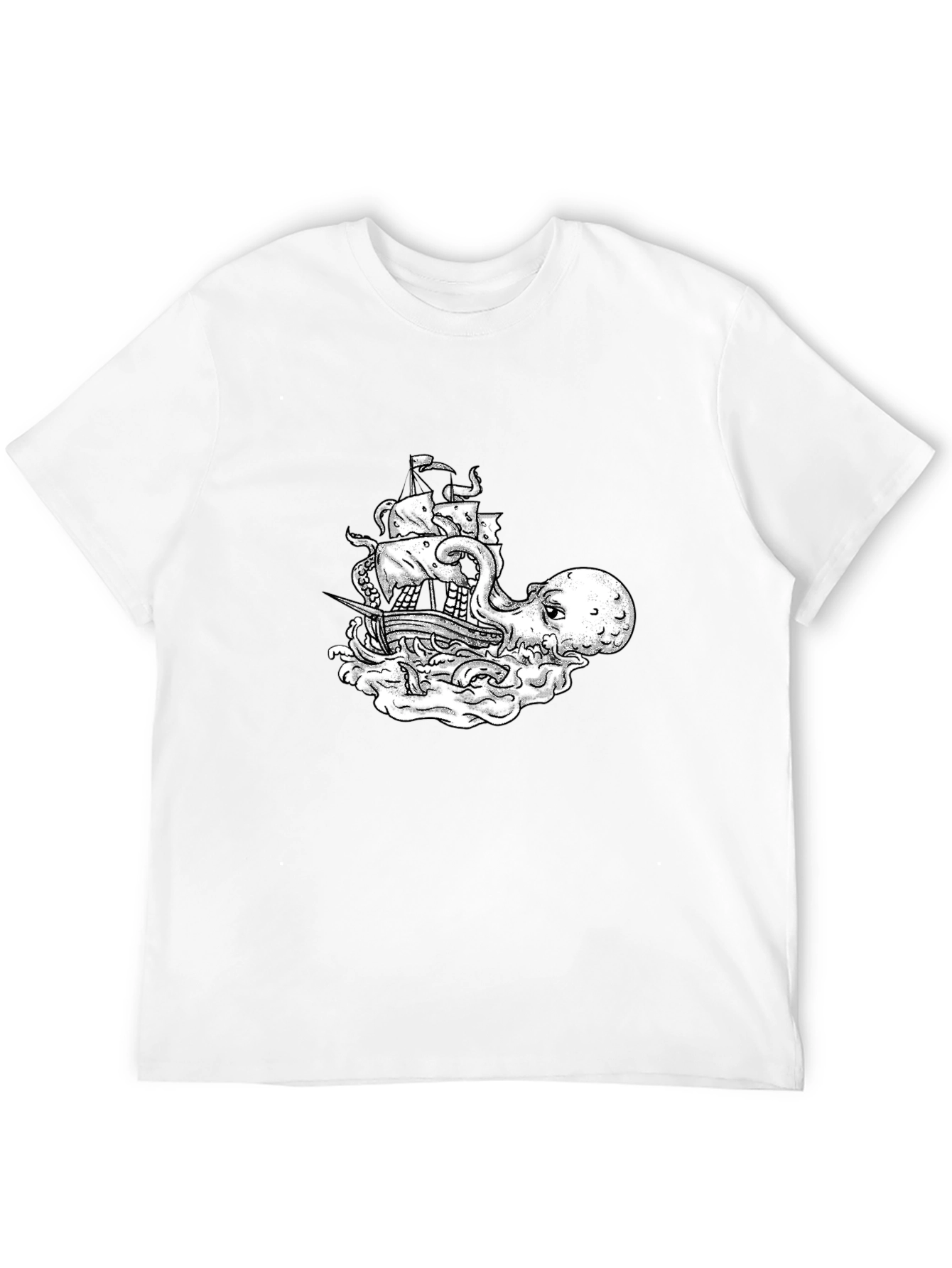 Octopus Pirate Ship Graphic Tee - Black Cotton