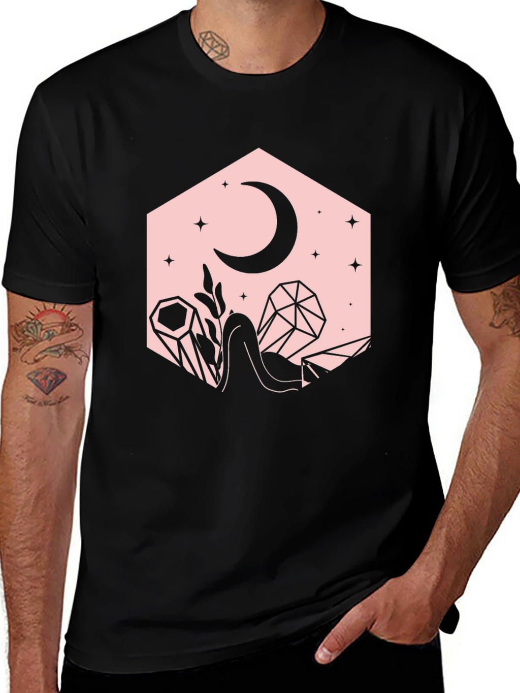 Crescent Moon and Crystals Black Graphic Tee