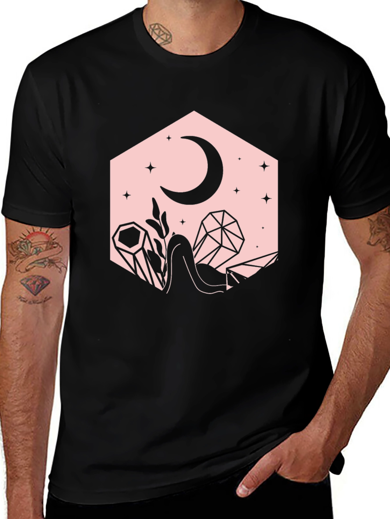 Crescent Moon and Crystals Black Graphic Tee