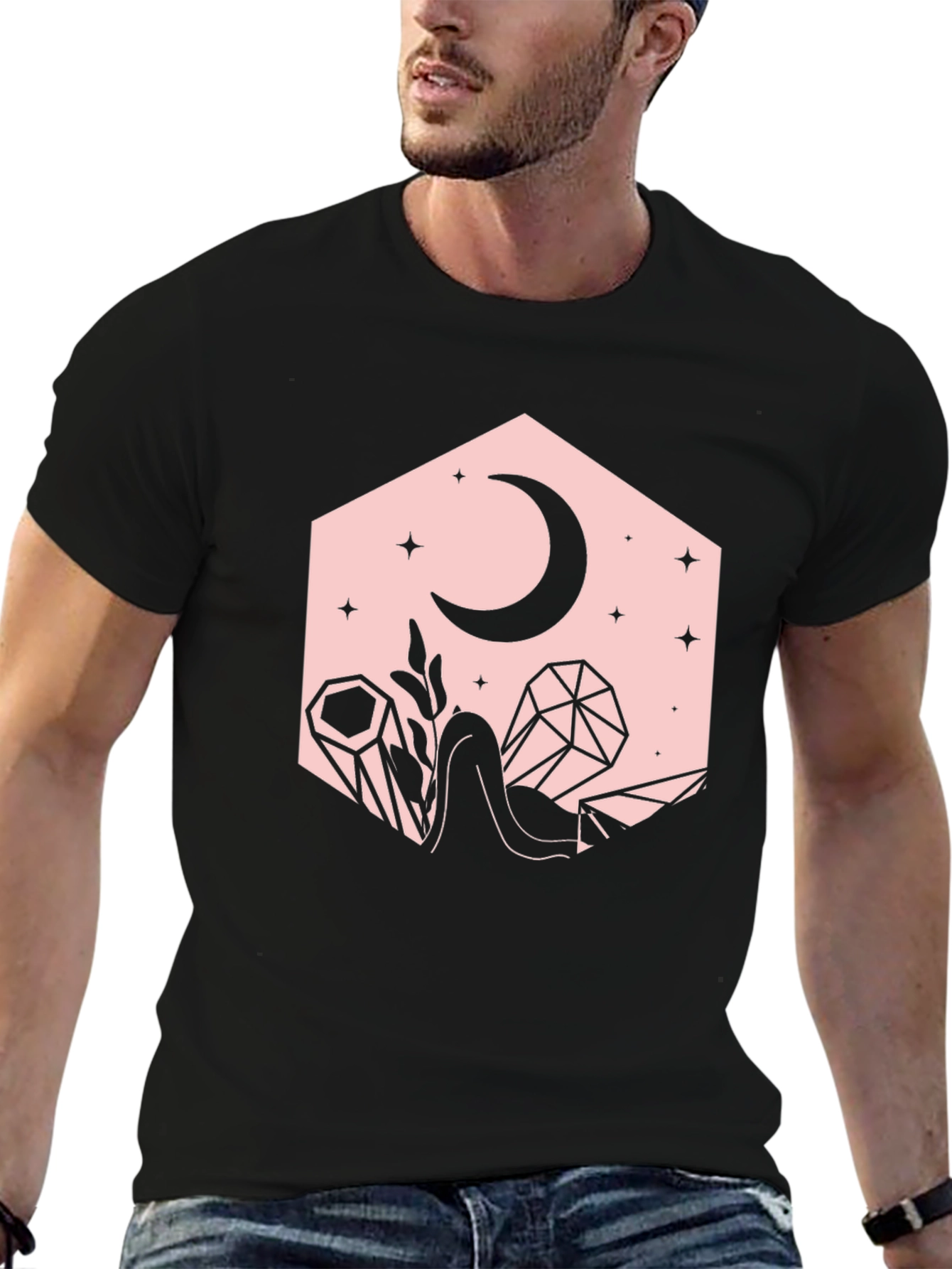 Crescent Moon and Crystals Black Graphic Tee