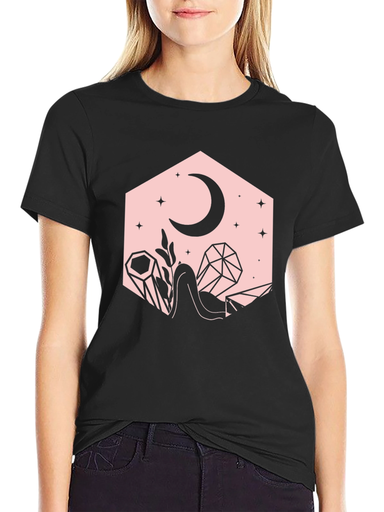Crescent Moon and Crystals Black Graphic Tee