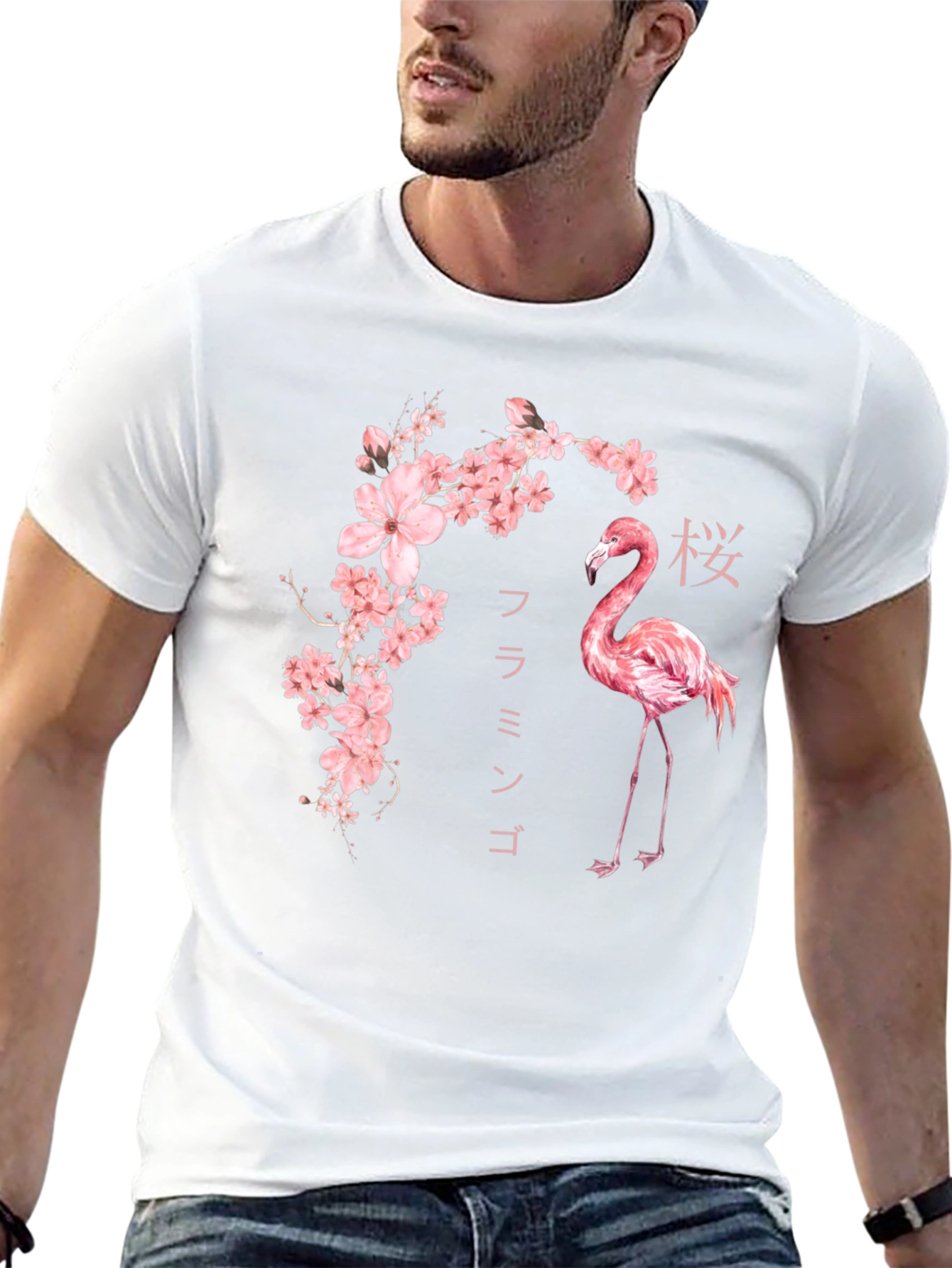 Flamingo & Cherry Blossom Graphic Tee - Stylish Black Shirt