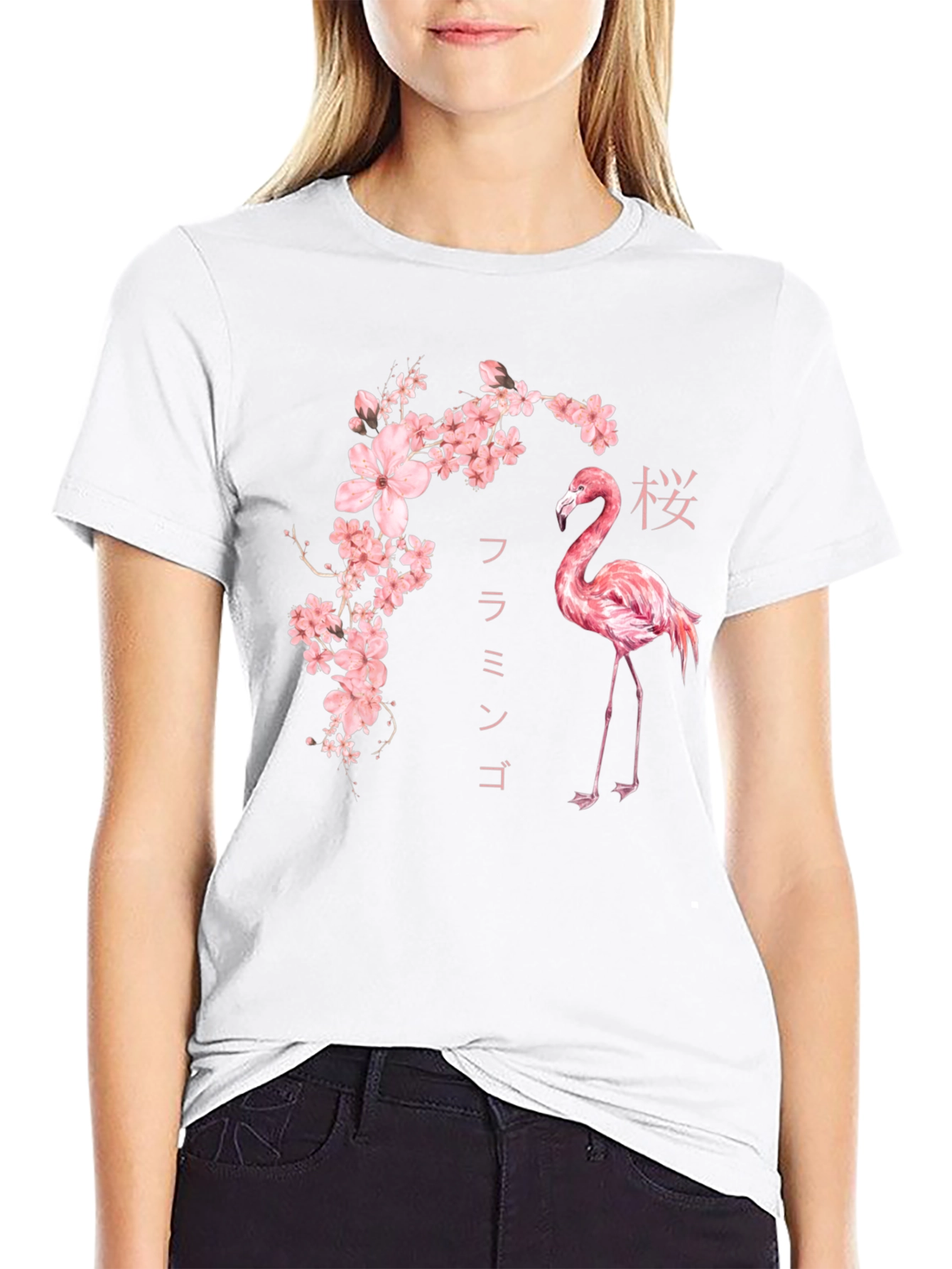 Flamingo & Cherry Blossom Graphic Tee - Stylish Black Shirt