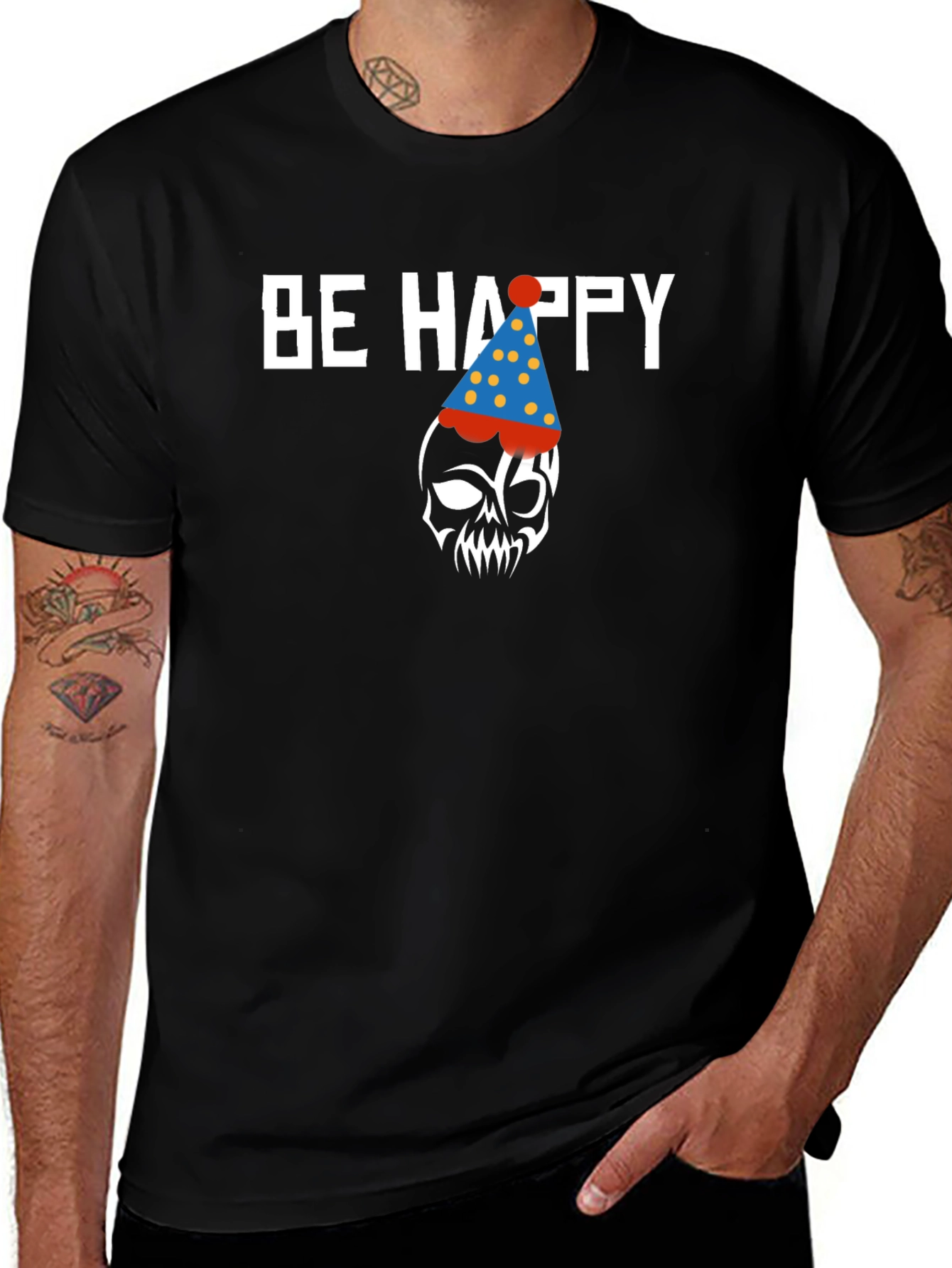 Be Happy Skull Graphic Print Crew Neck T-Shirt