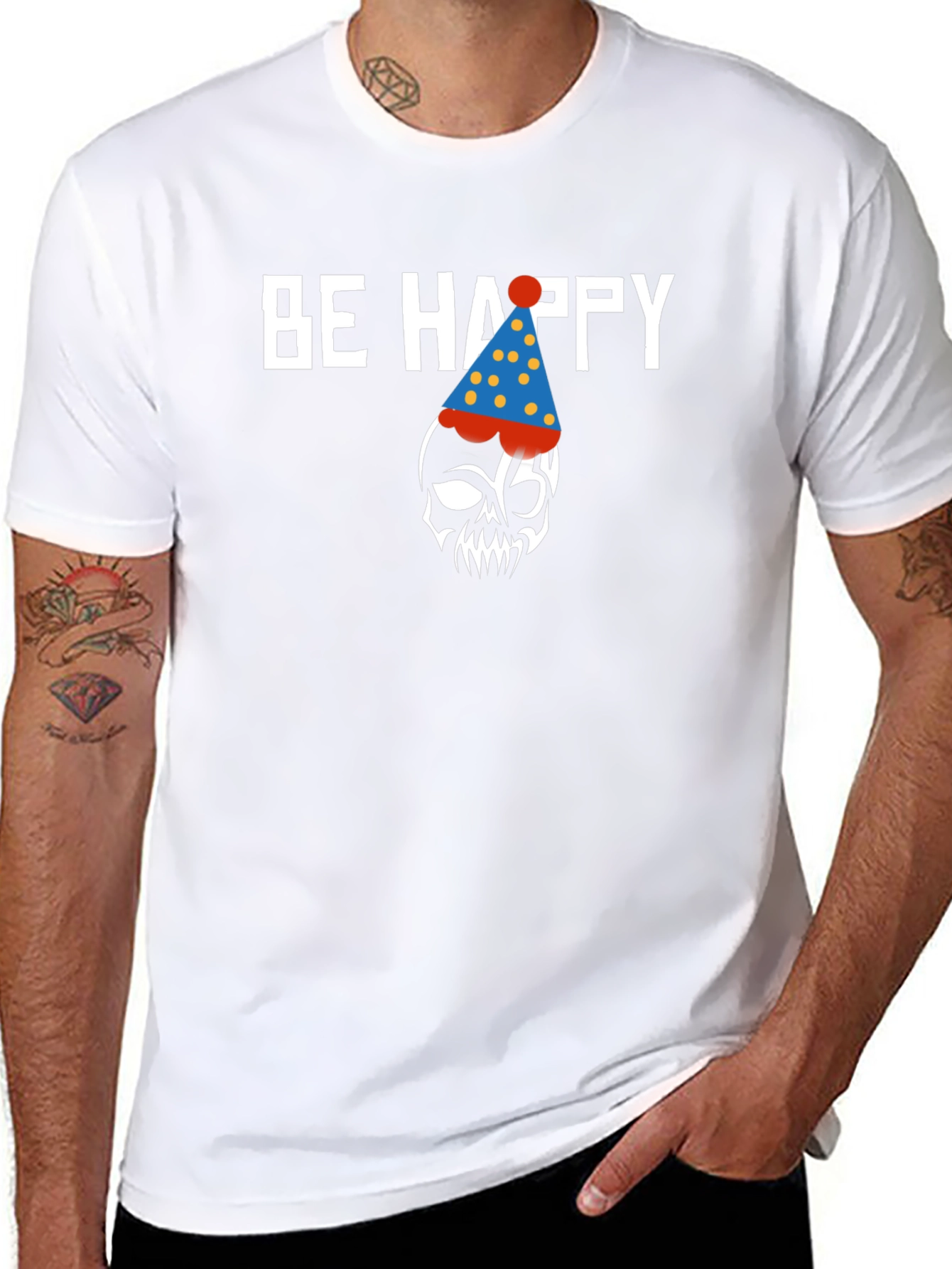 Be Happy Skull Graphic Print Crew Neck T-Shirt