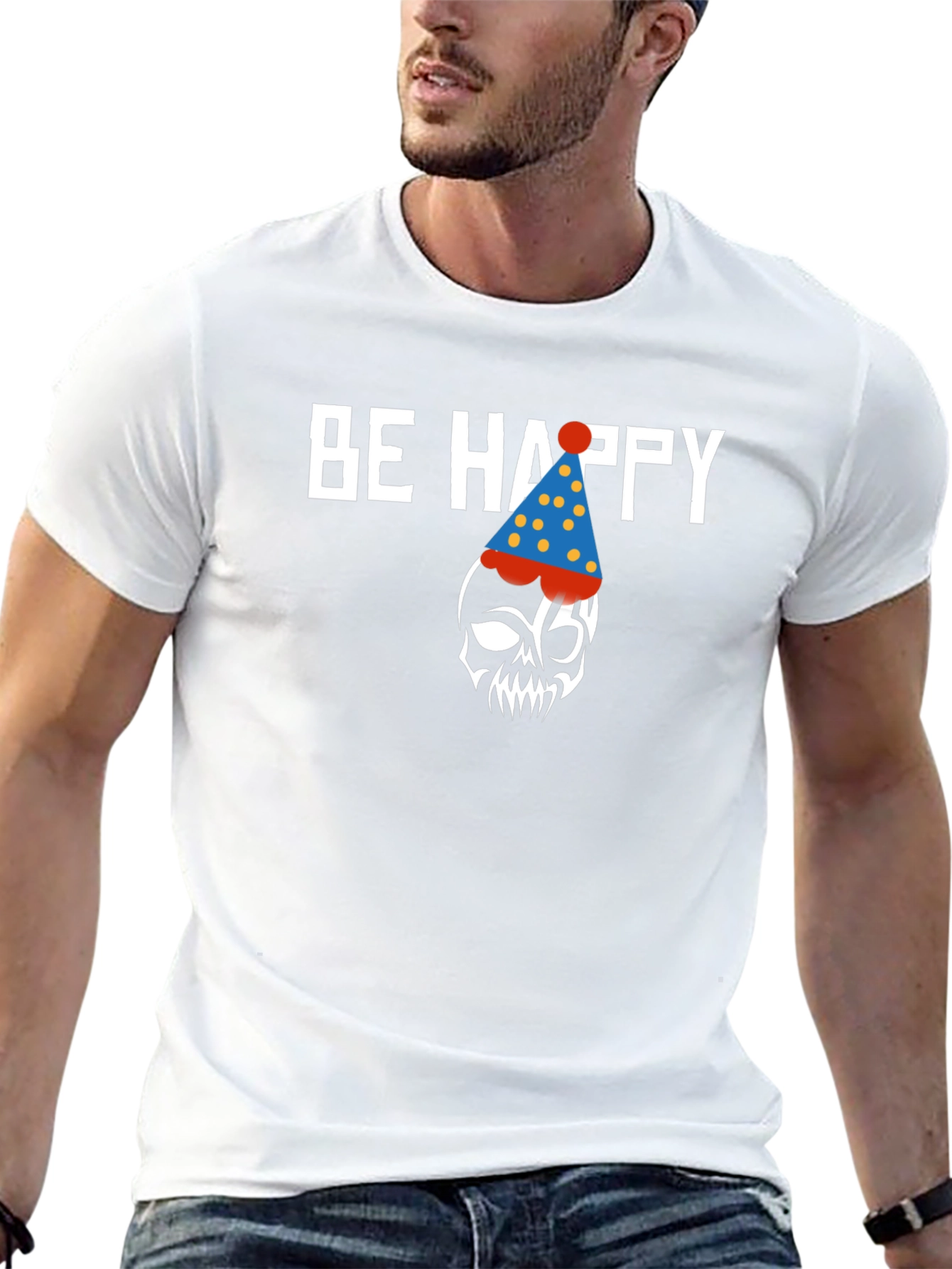 Be Happy Skull Graphic Print Crew Neck T-Shirt