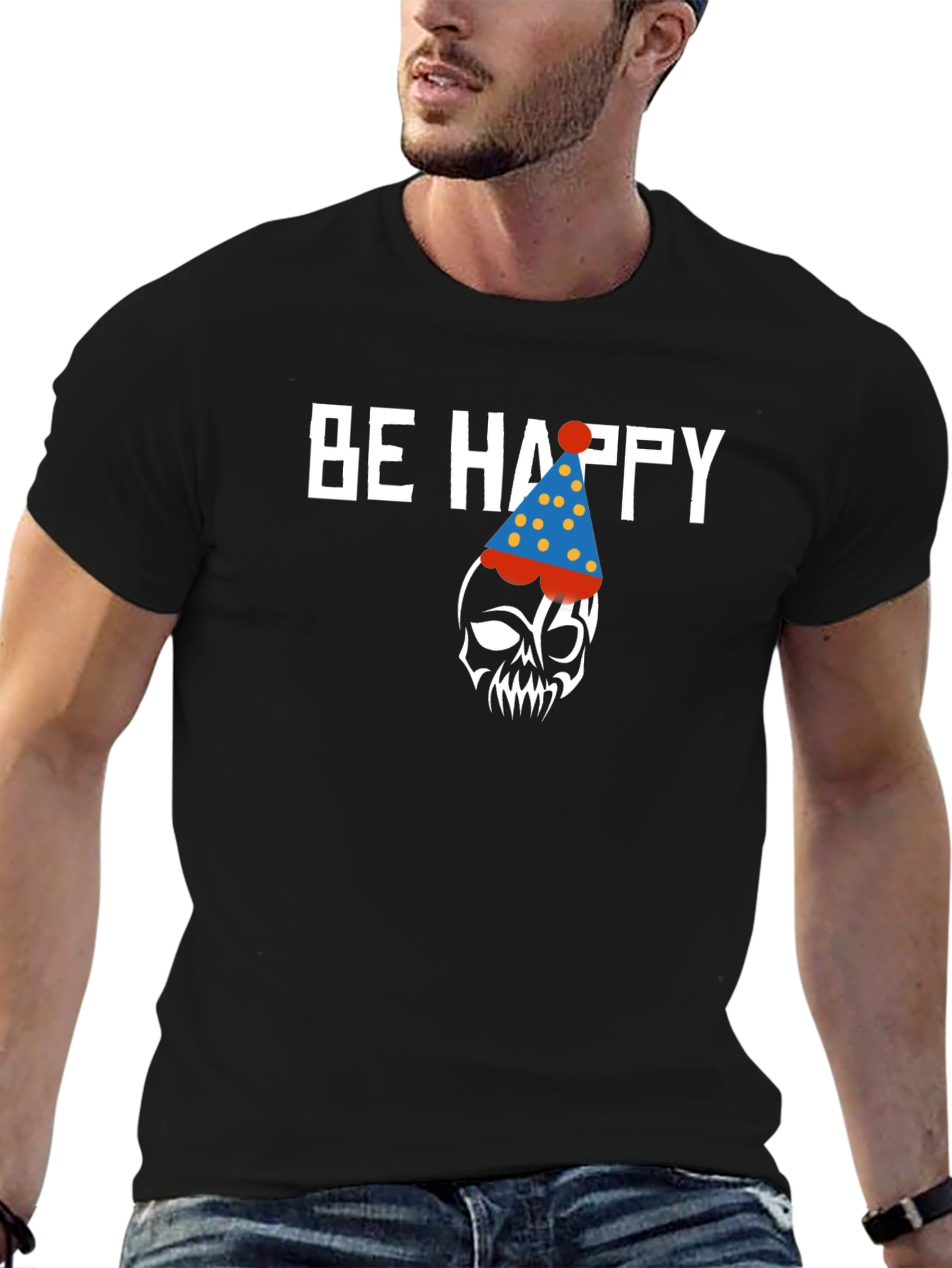 Be Happy Skull Graphic Print Crew Neck T-Shirt