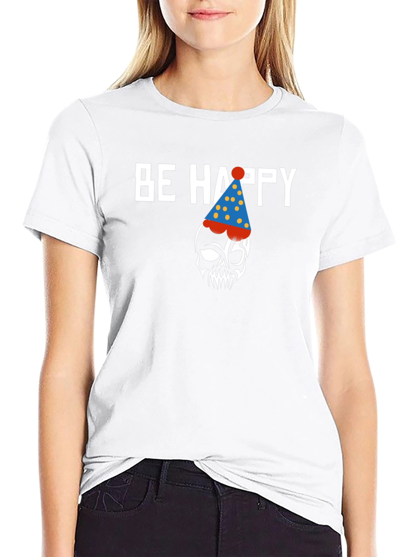 Be Happy Skull Graphic Print Crew Neck T-Shirt