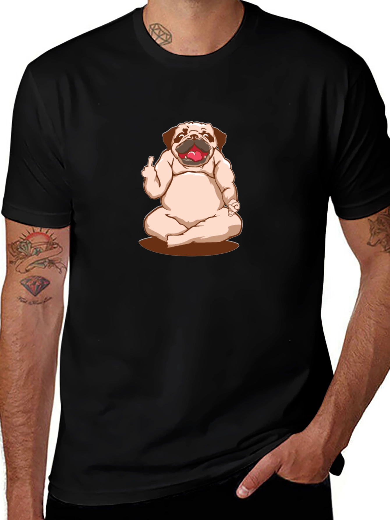 Funny Pug Yoga Middle Finger Graphic Black T-Shirt