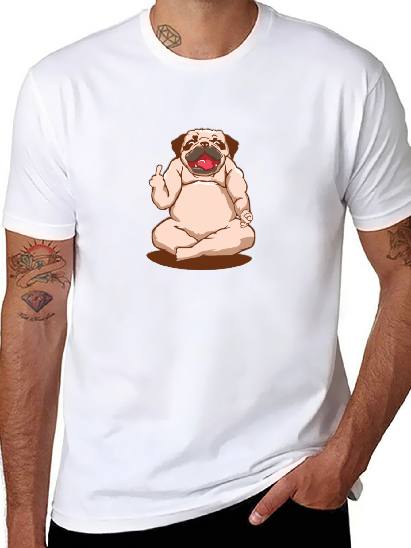 Funny Pug Yoga Middle Finger Graphic Black T-Shirt