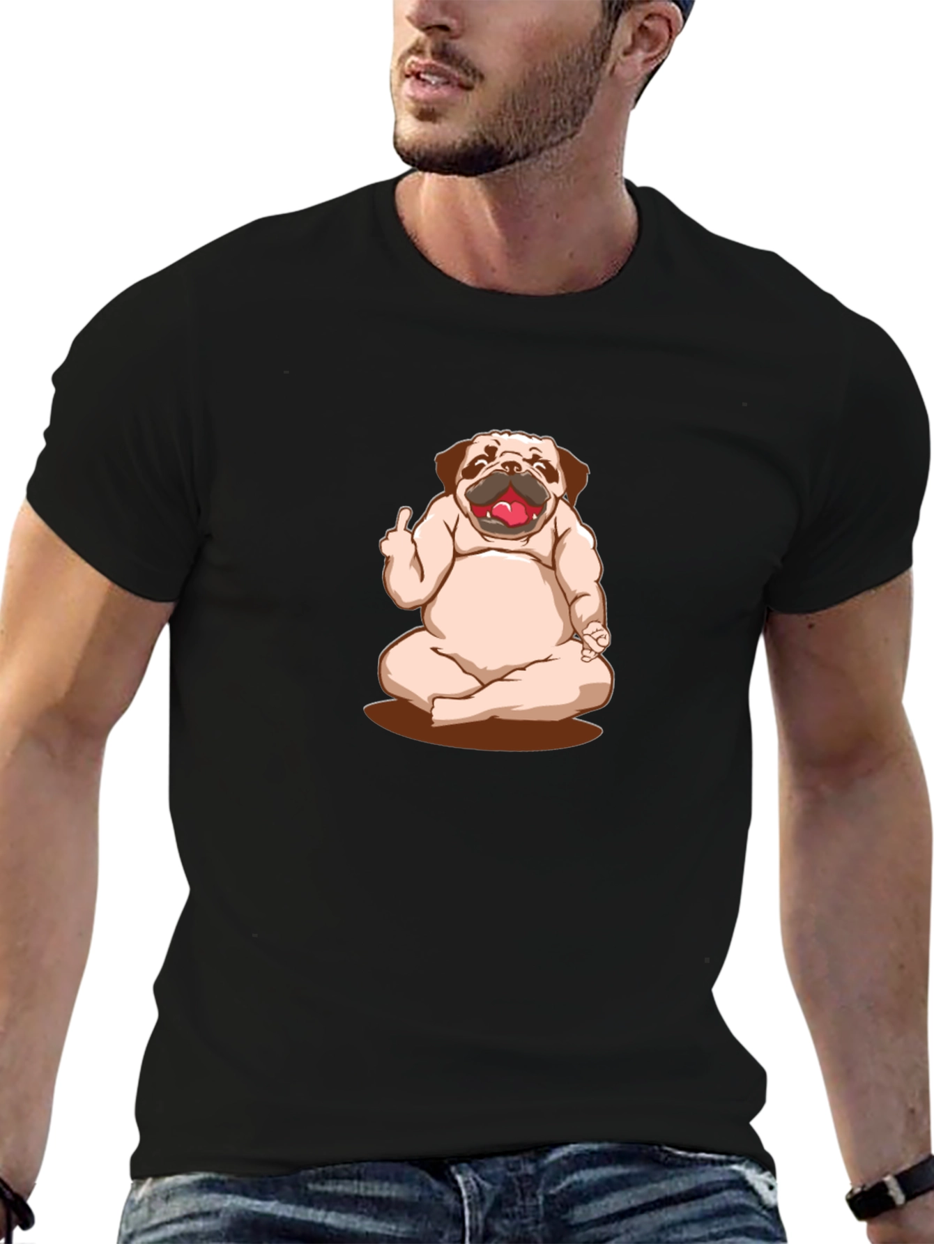 Funny Pug Yoga Middle Finger Graphic Black T-Shirt