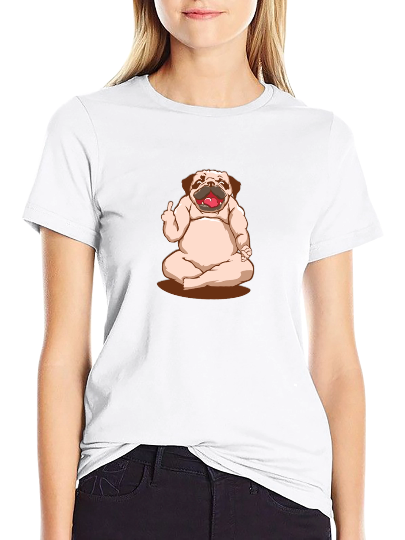Funny Pug Yoga Middle Finger Graphic Black T-Shirt