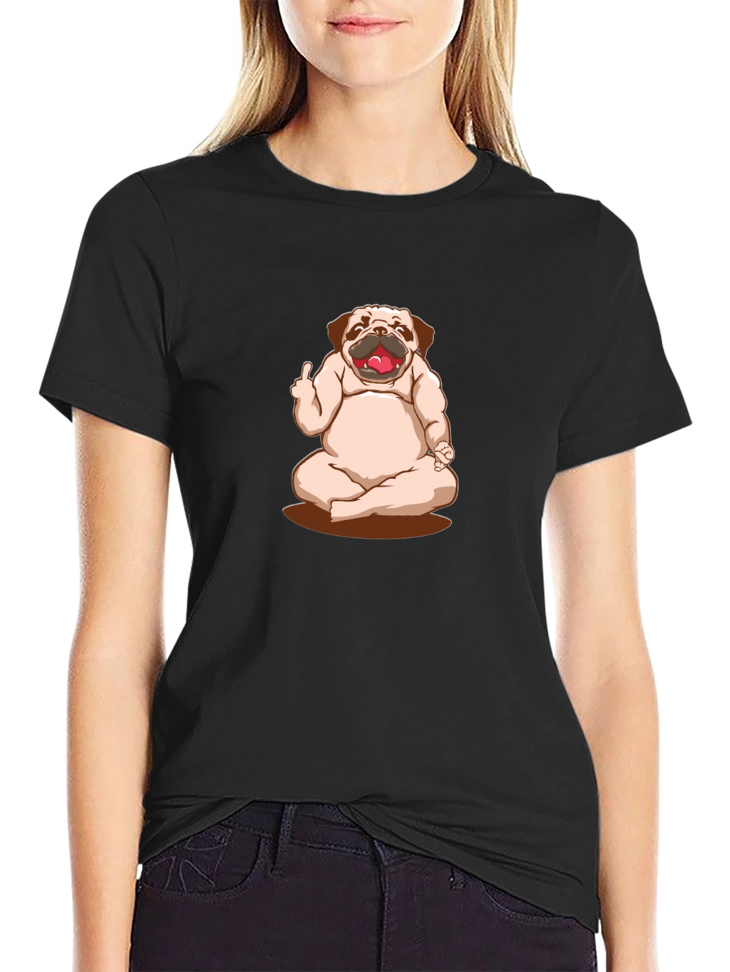 Funny Pug Yoga Middle Finger Graphic Black T-Shirt