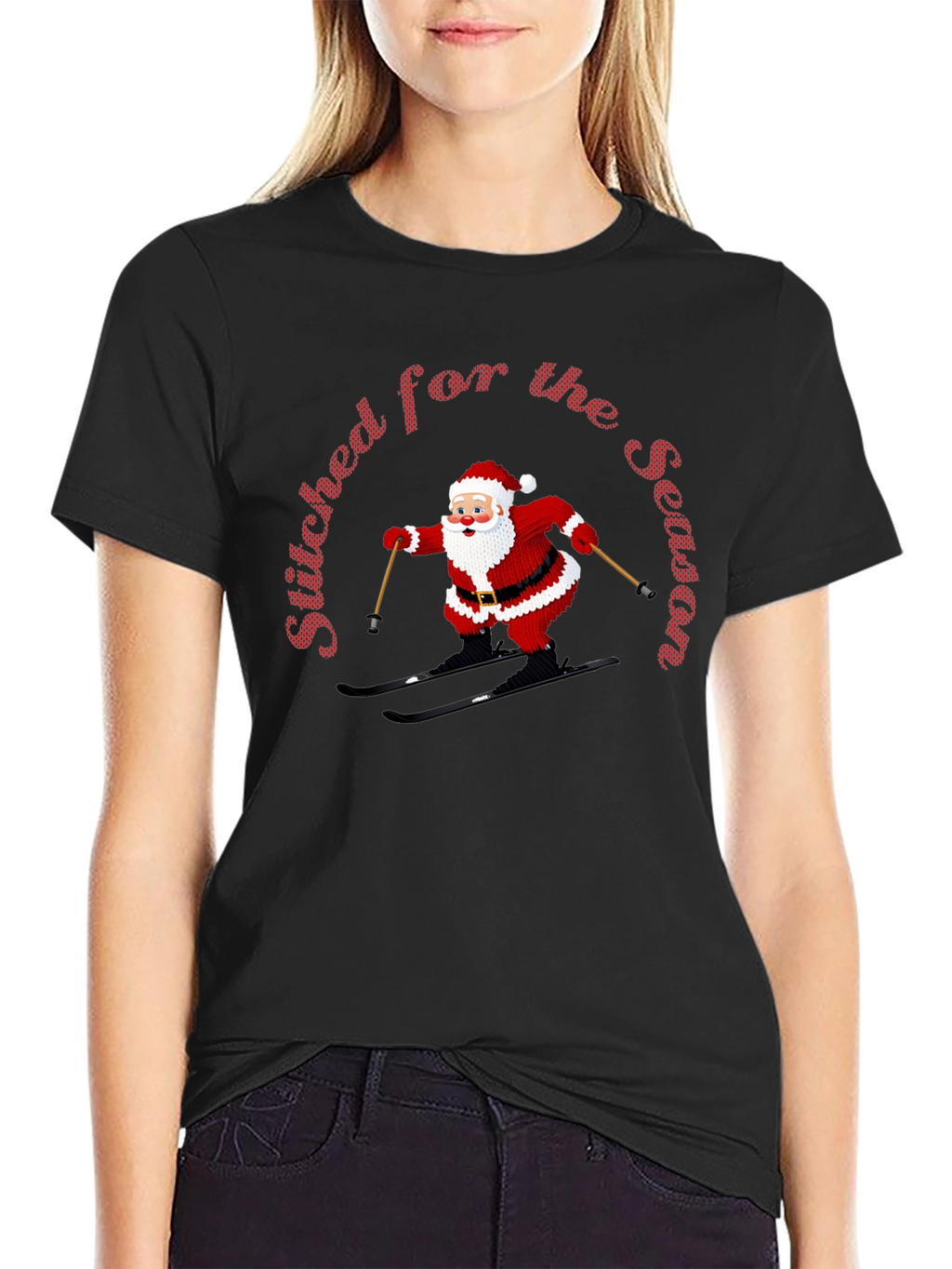 Stitched For The Season Santa Skiing Christmas T-Shirt