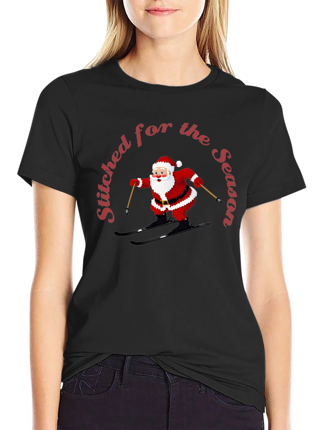 Stitched For The Season Santa Skiing Christmas T-Shirt