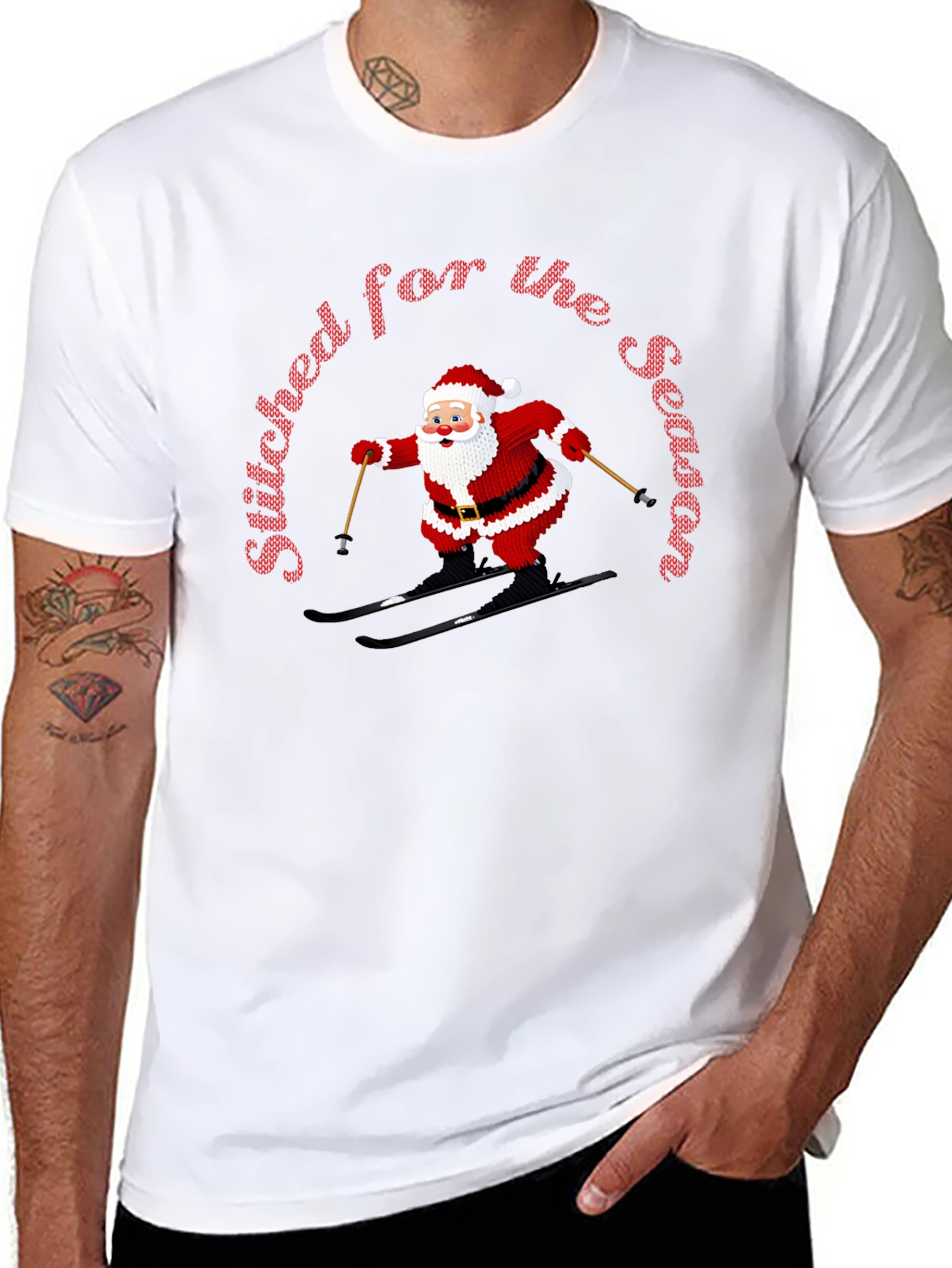 Stitched For The Season Santa Skiing Christmas T-Shirt