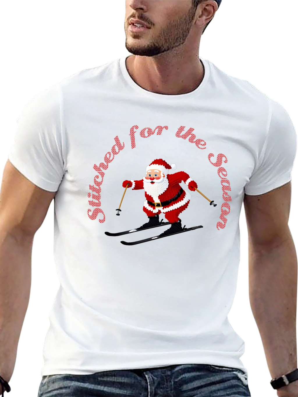 Stitched For The Season Santa Skiing Christmas T-Shirt