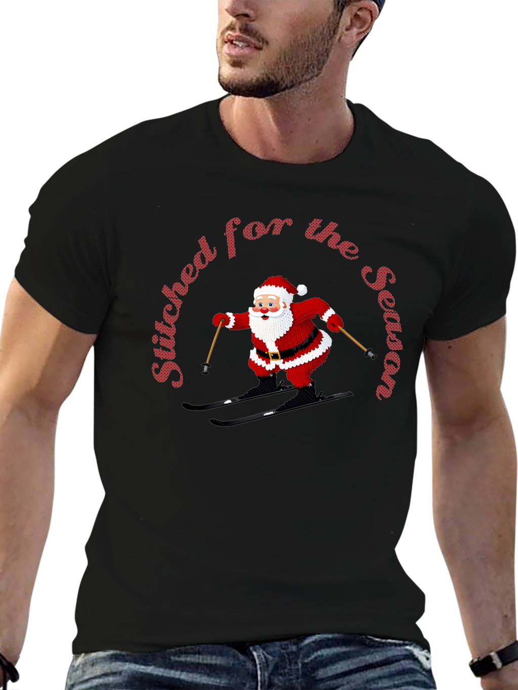 Stitched For The Season Santa Skiing Christmas T-Shirt