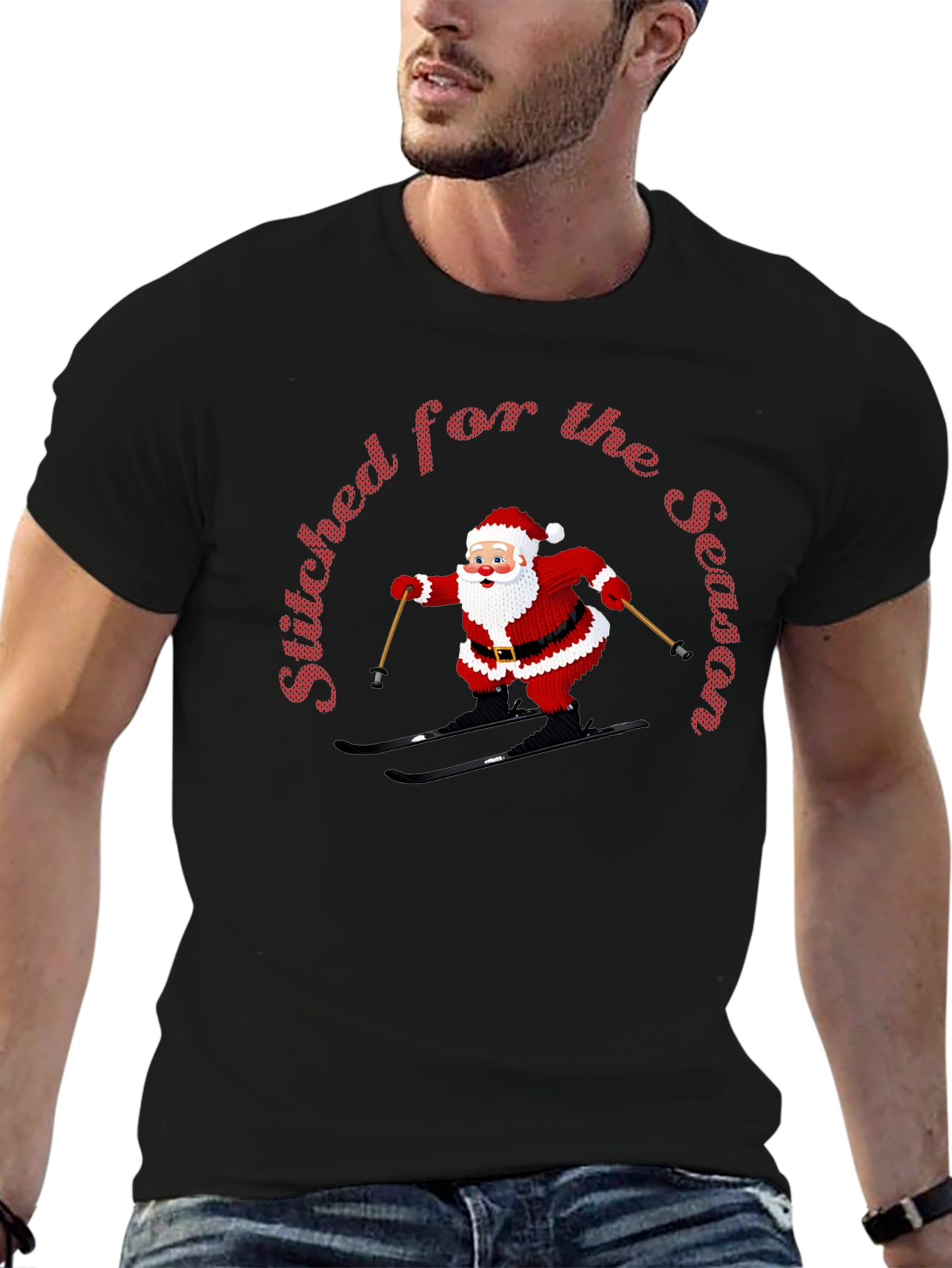 Stitched For The Season Santa Skiing Christmas T-Shirt