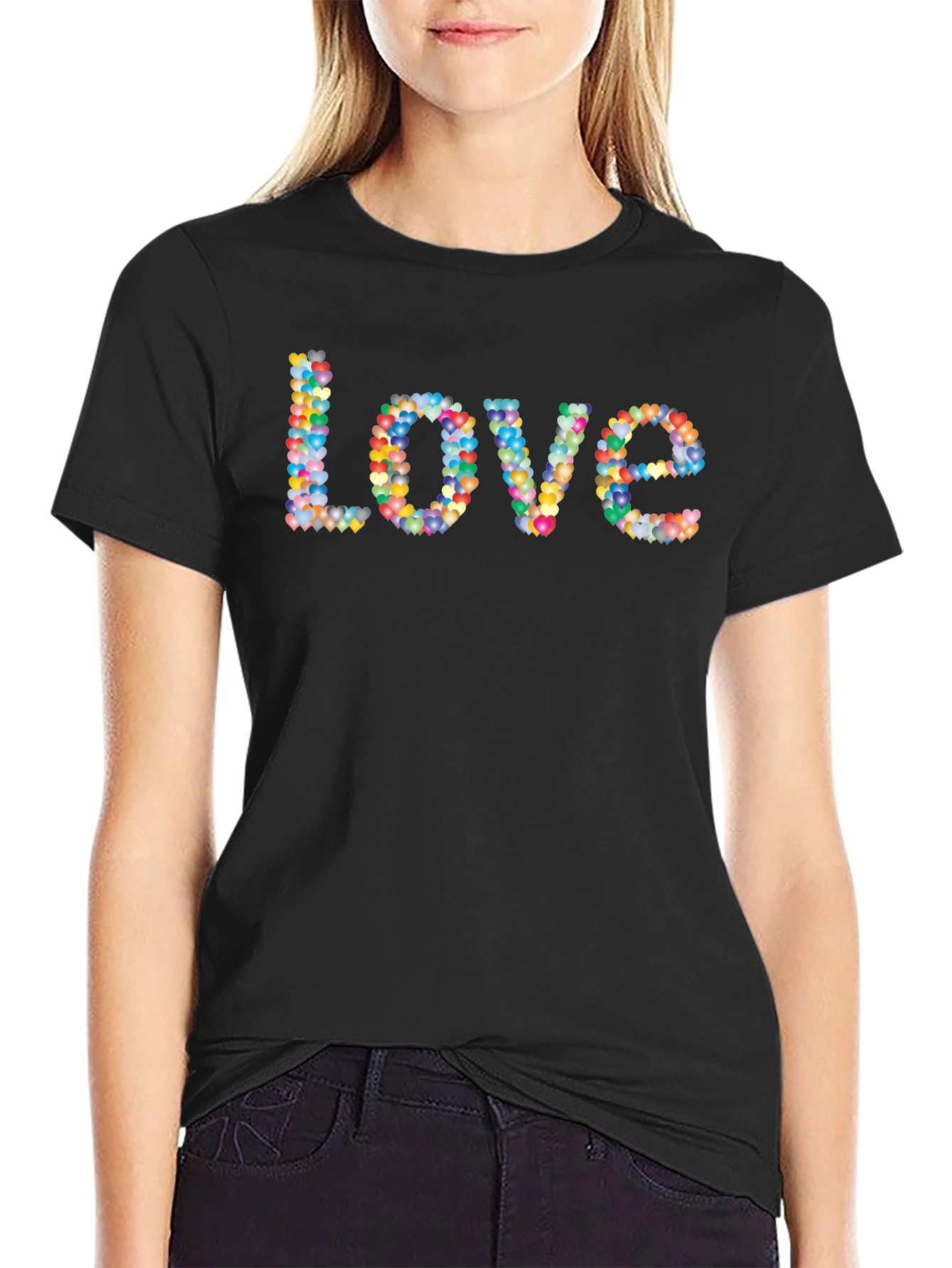 Colorful Heart Love Graphic Black T-Shirt