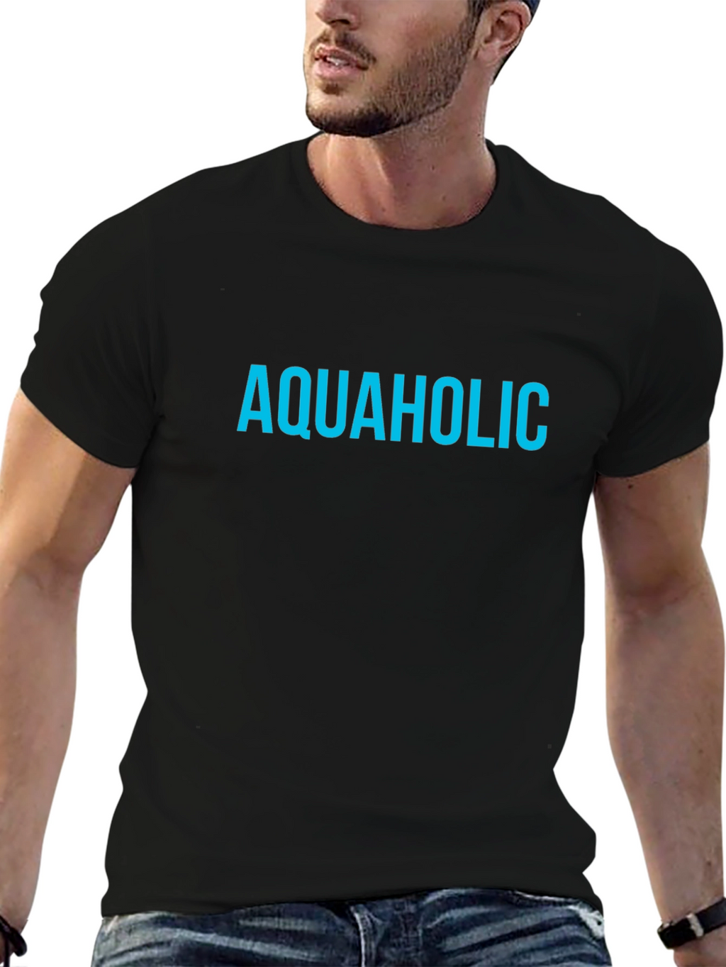 Aquaholic T-Shirt - Blue Text on Black Tee