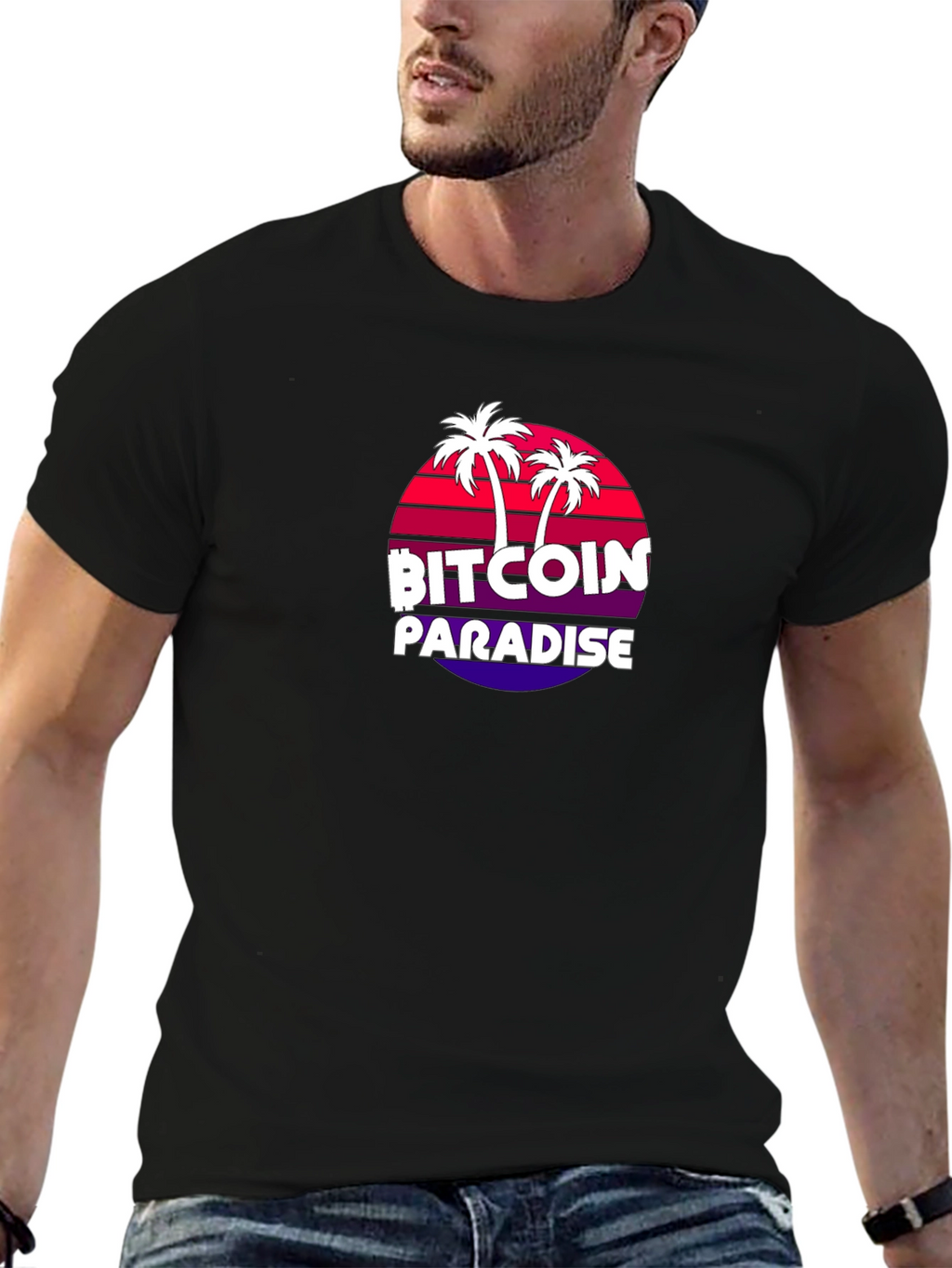 Bitcoin Paradise Black T-Shirt Palm Tree Design