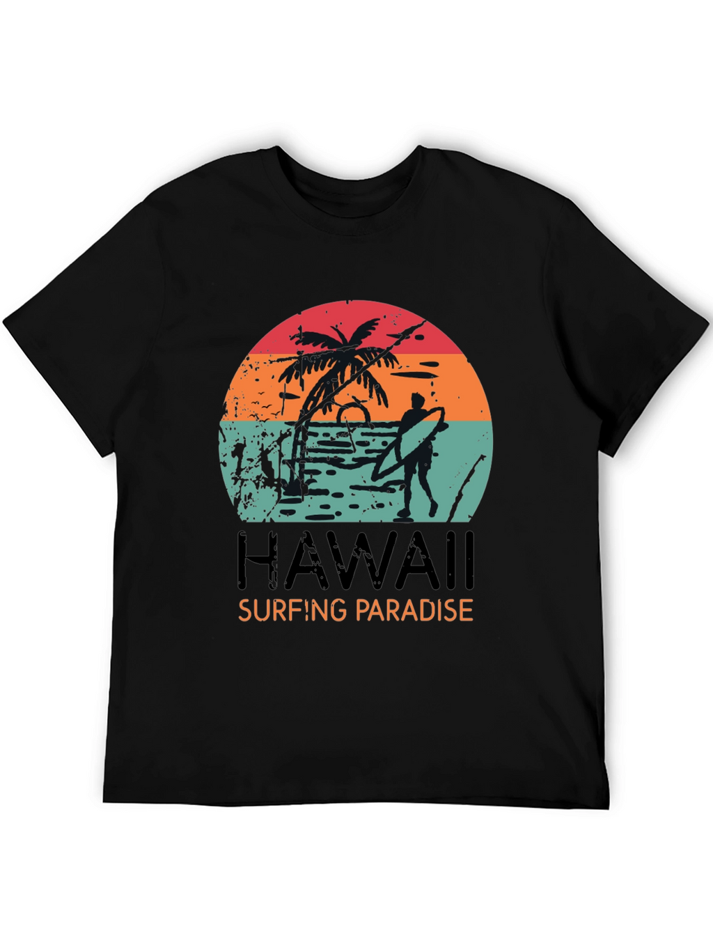 Hawaii Surfing Paradise Graphic Tee - Black Cotton T-Shirt
