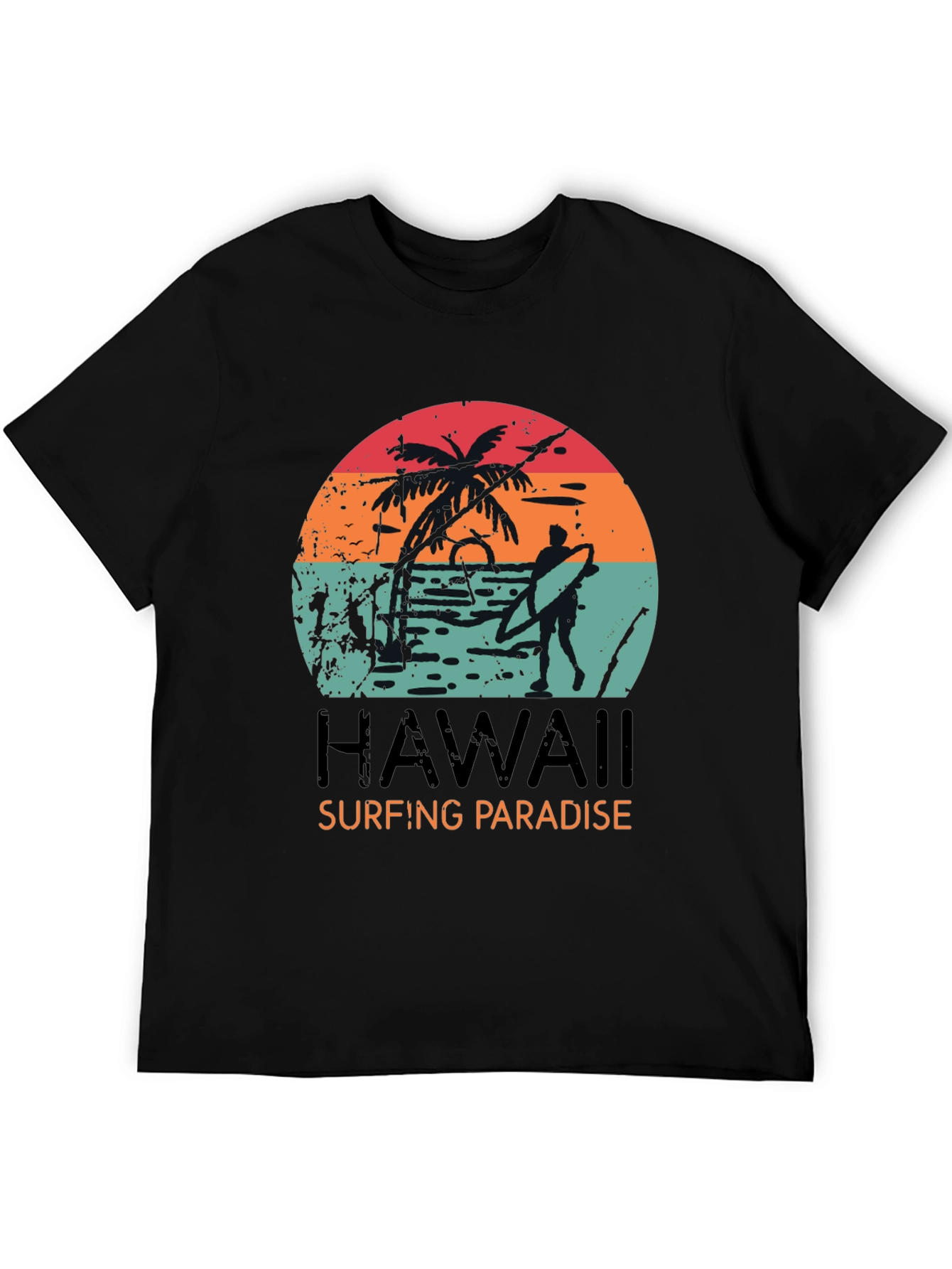 Hawaii Surfing Paradise Graphic Tee - Black Cotton T-Shirt